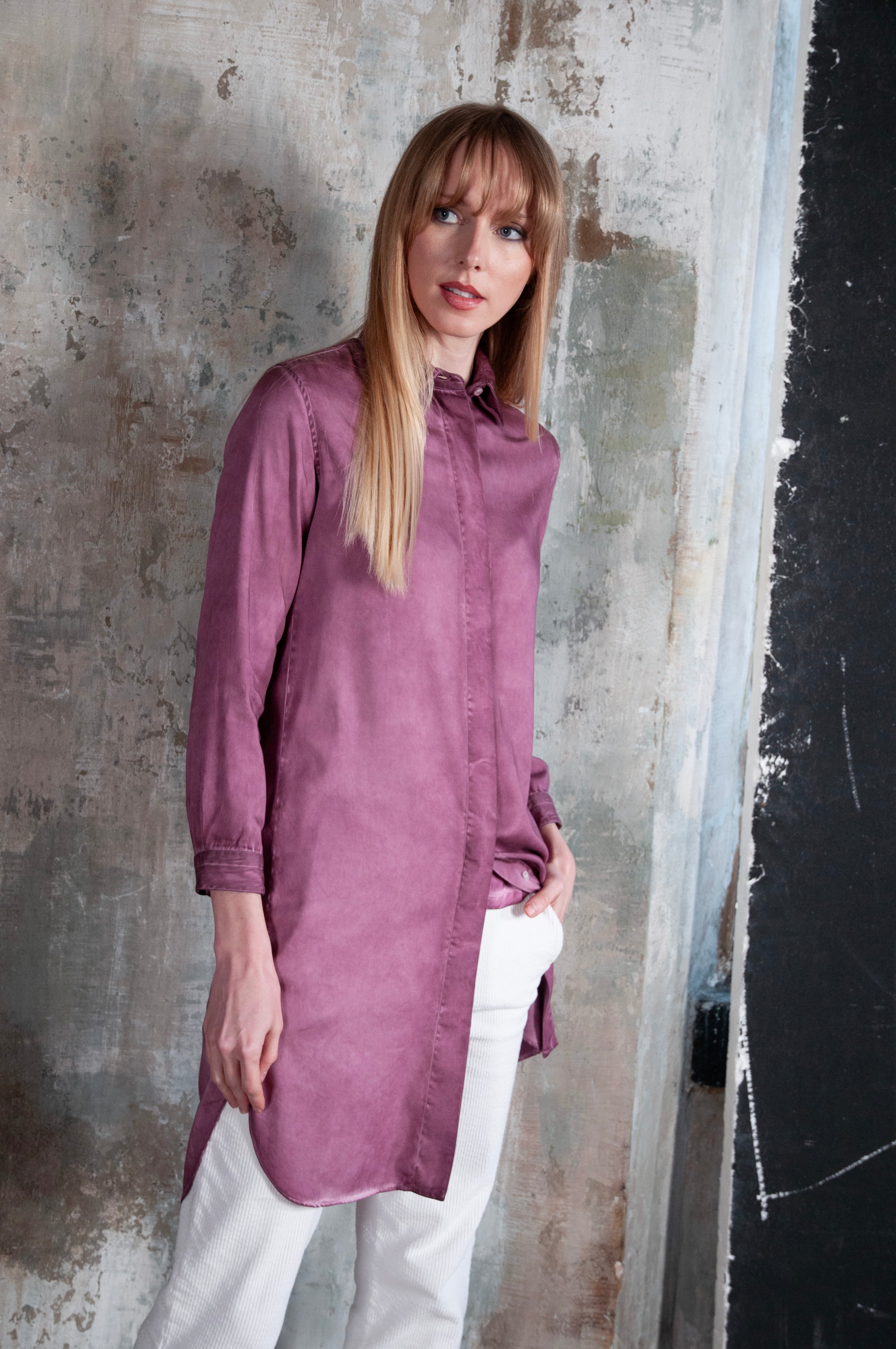 Madison Stretchy Satin Shirtdress - Vino