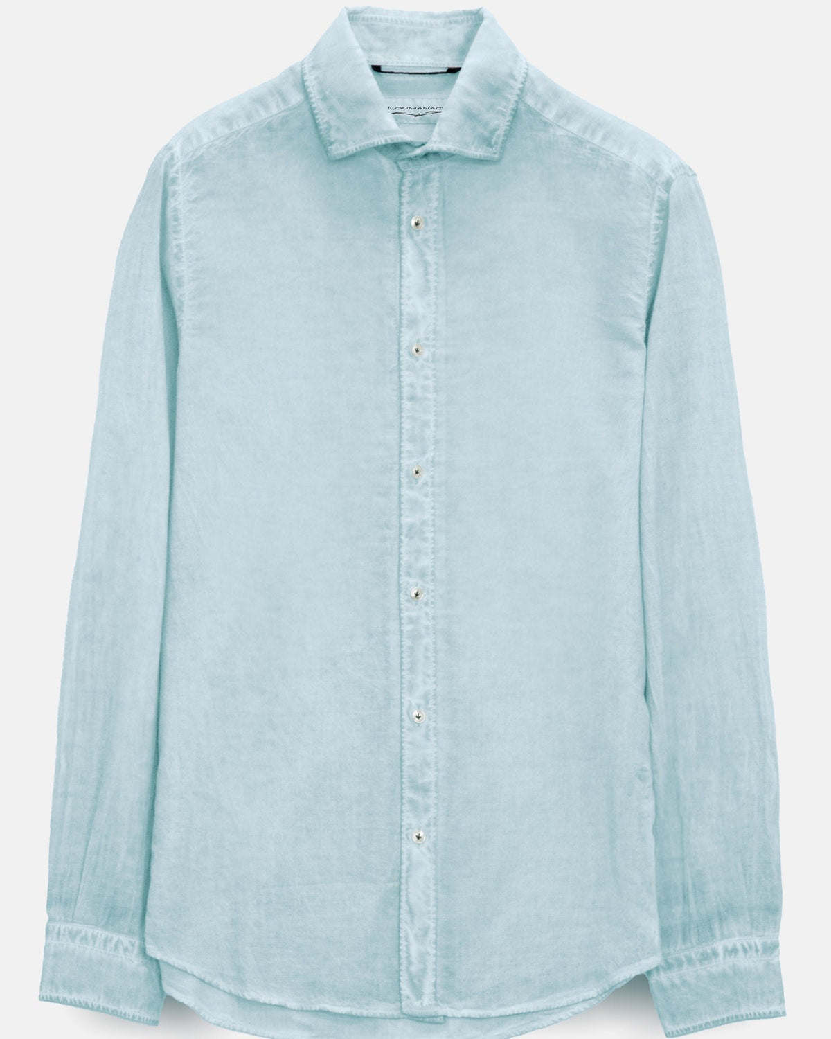 Garment-dyed cotton voile shirt laid flat