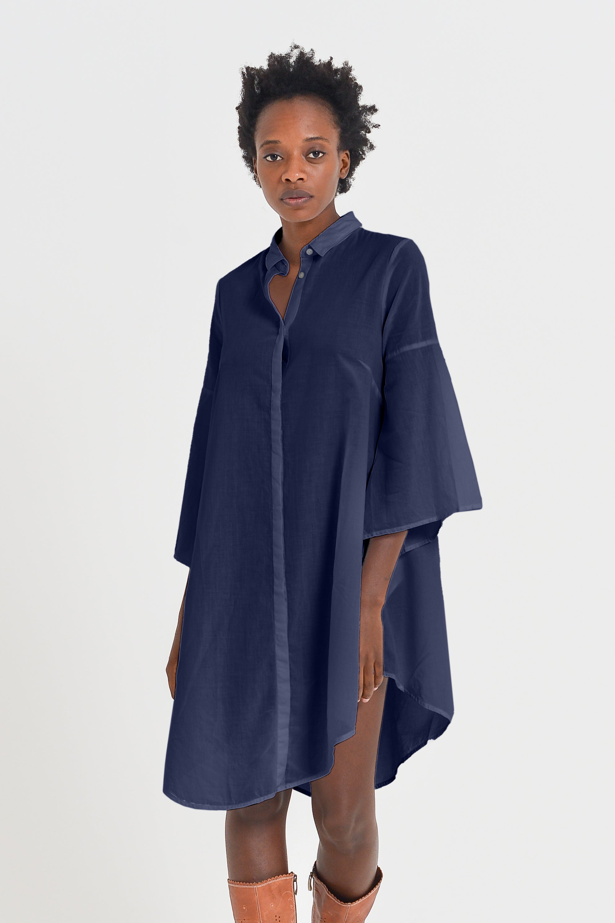 Offset Cotton Shirt Dress - Navy