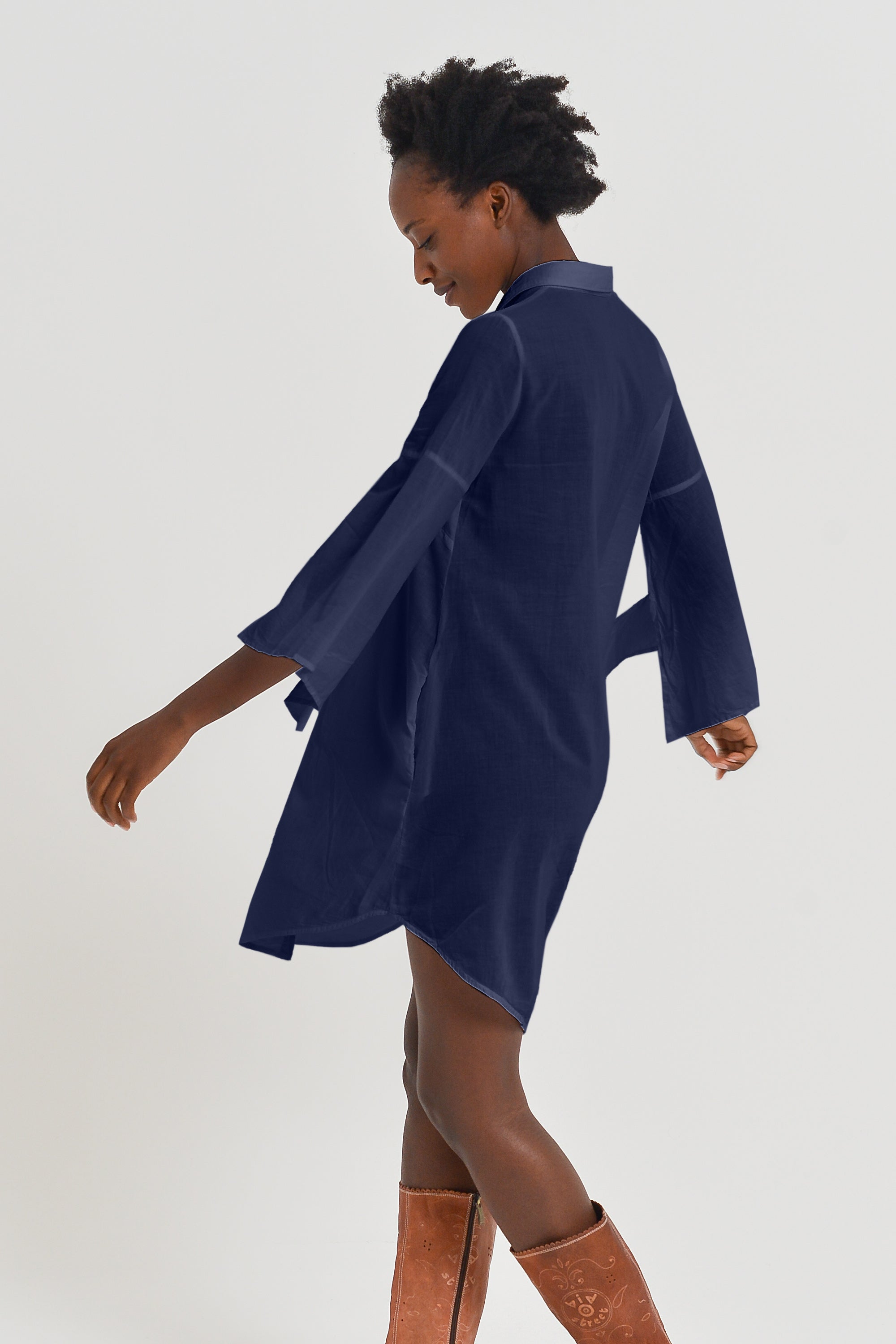 Offset Cotton Shirt Dress - Navy