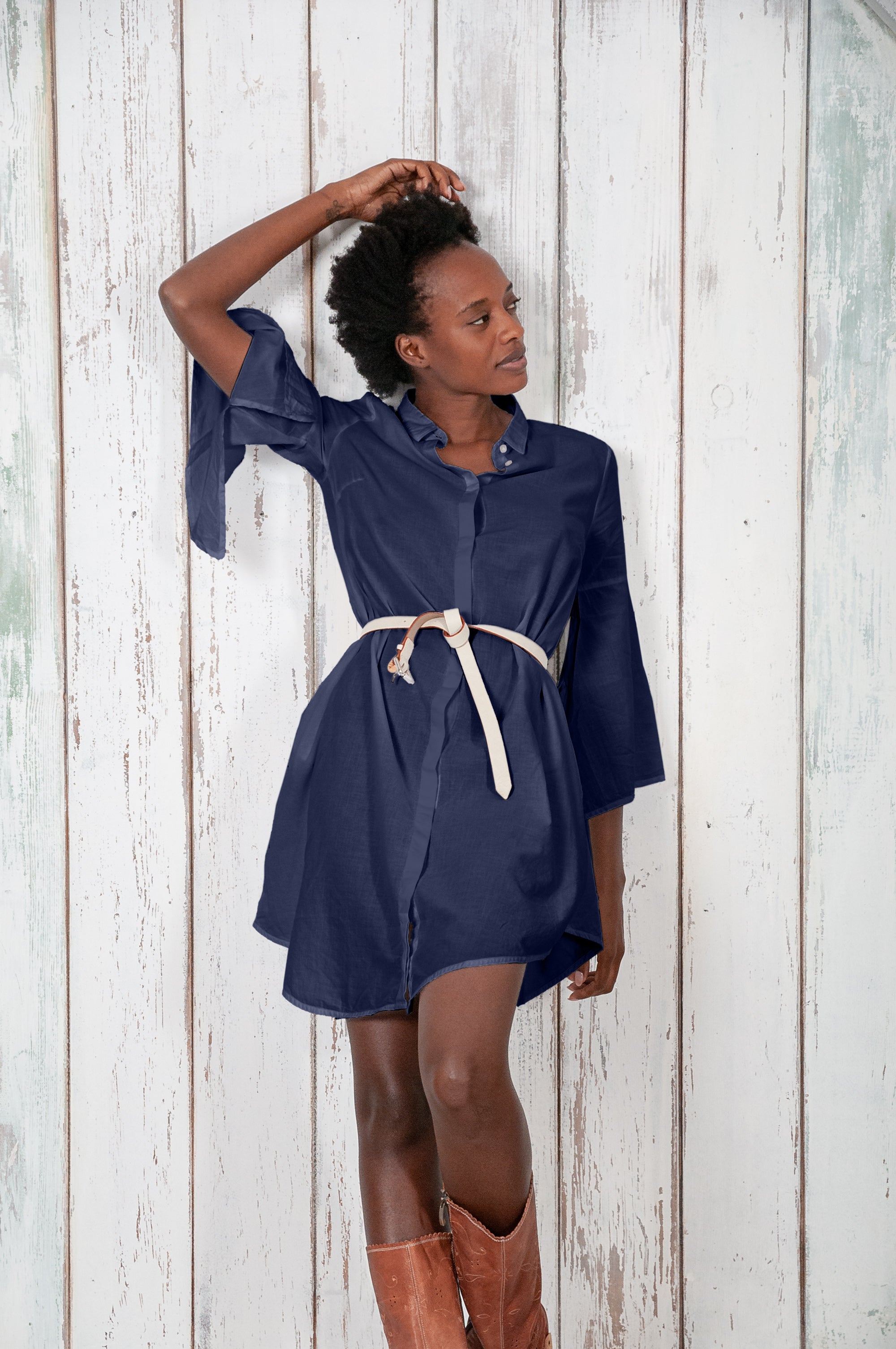 Offset Cotton Shirt Dress - Navy