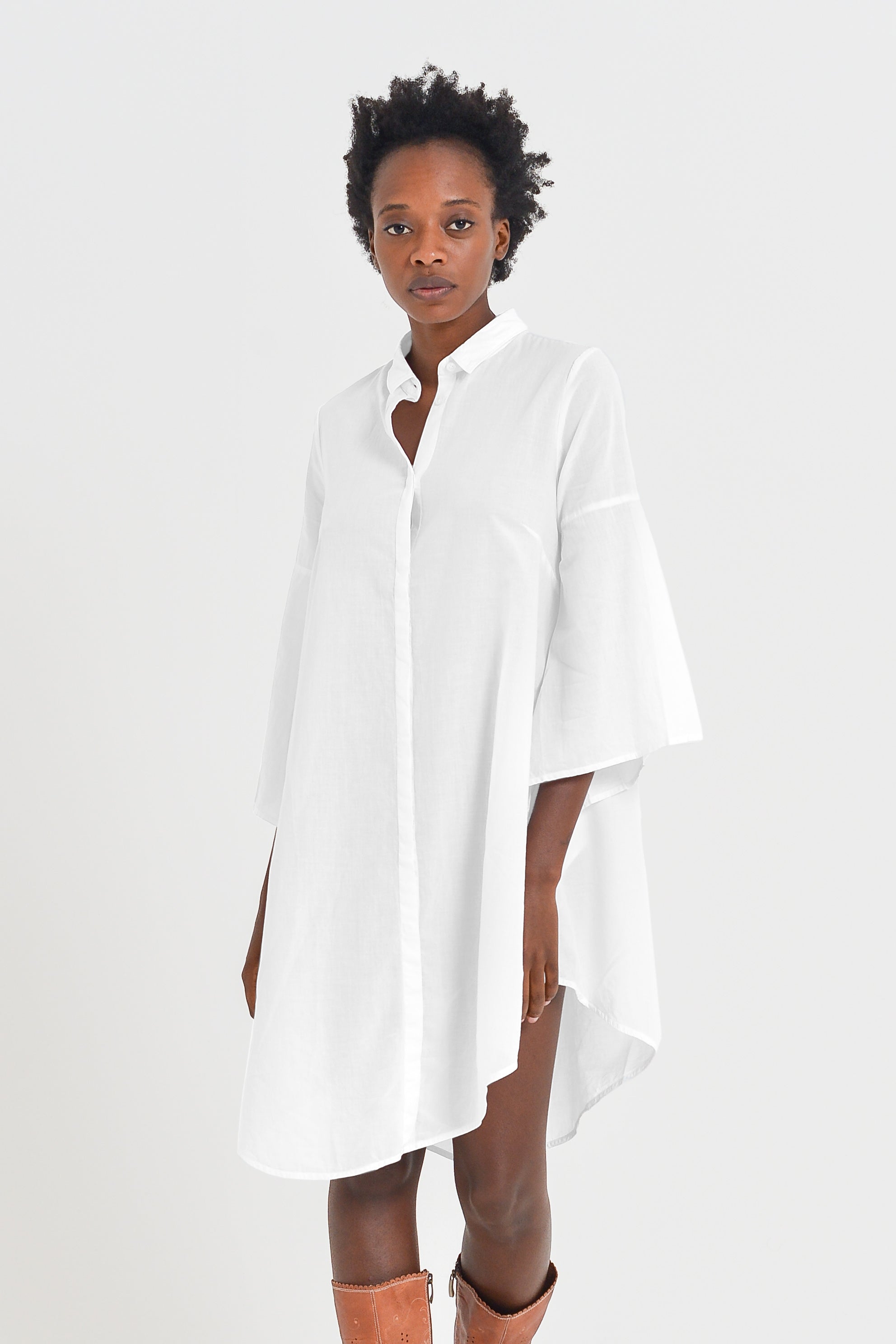 Offset Cotton Shirt Dress - White