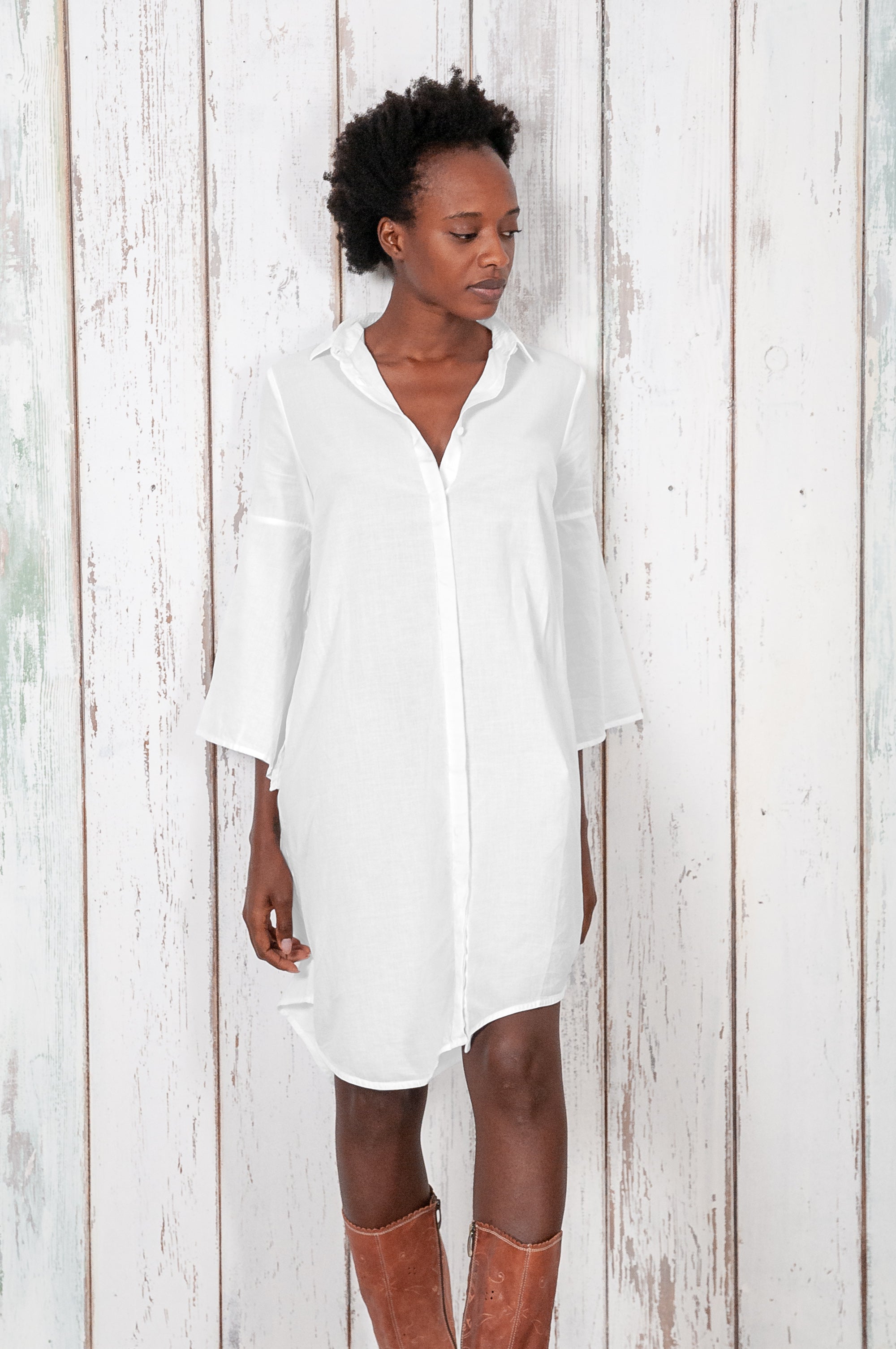 Offset Cotton Shirt Dress - White