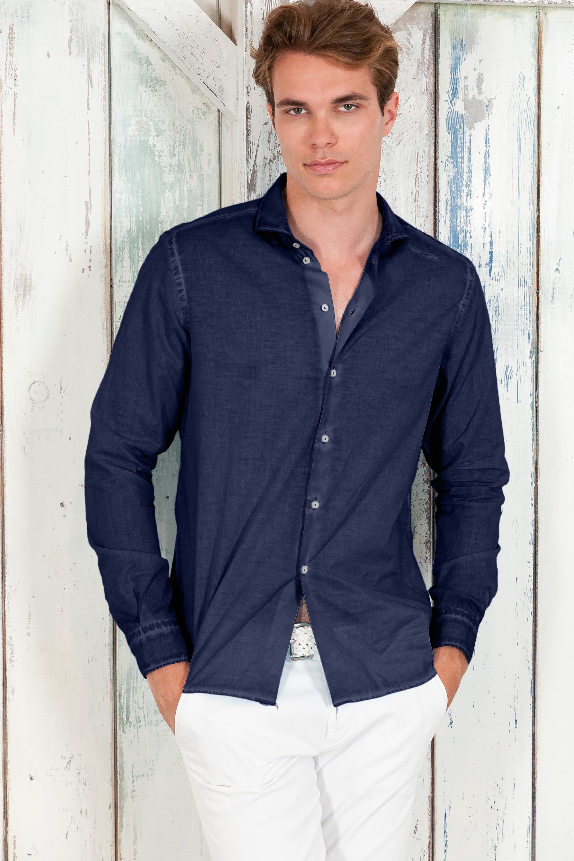 Classic Fit Shirt in Voile - Navy