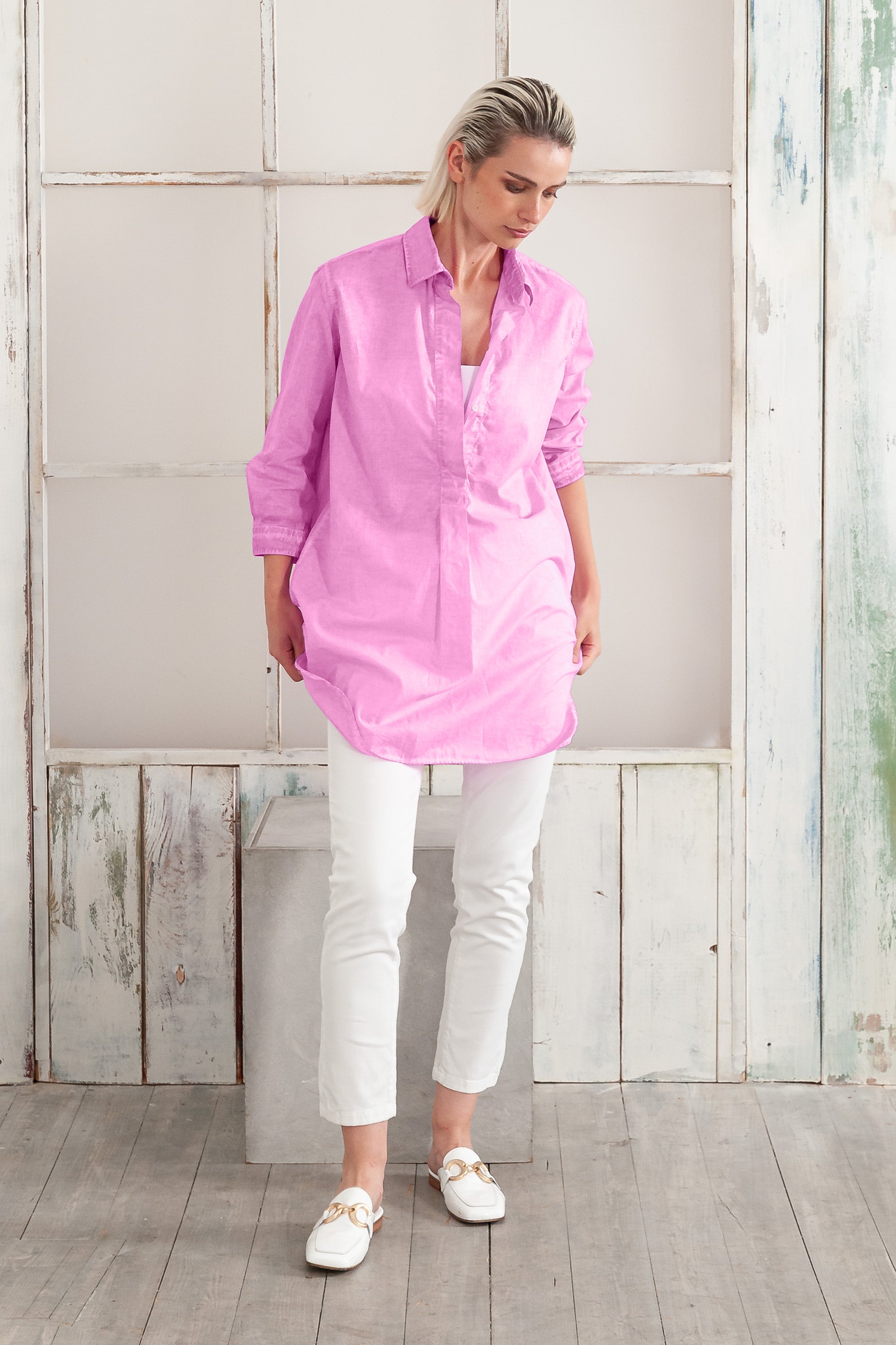 Women's Mini Shirtdress in Cotton Voile - Candy