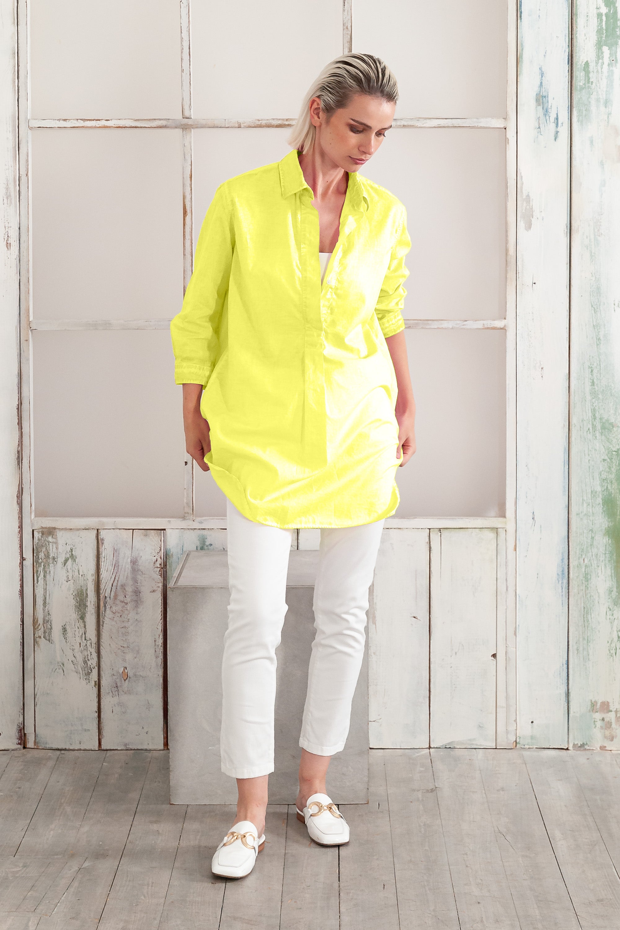 Women's Mini Shirtdress in Cotton Voile - Lime