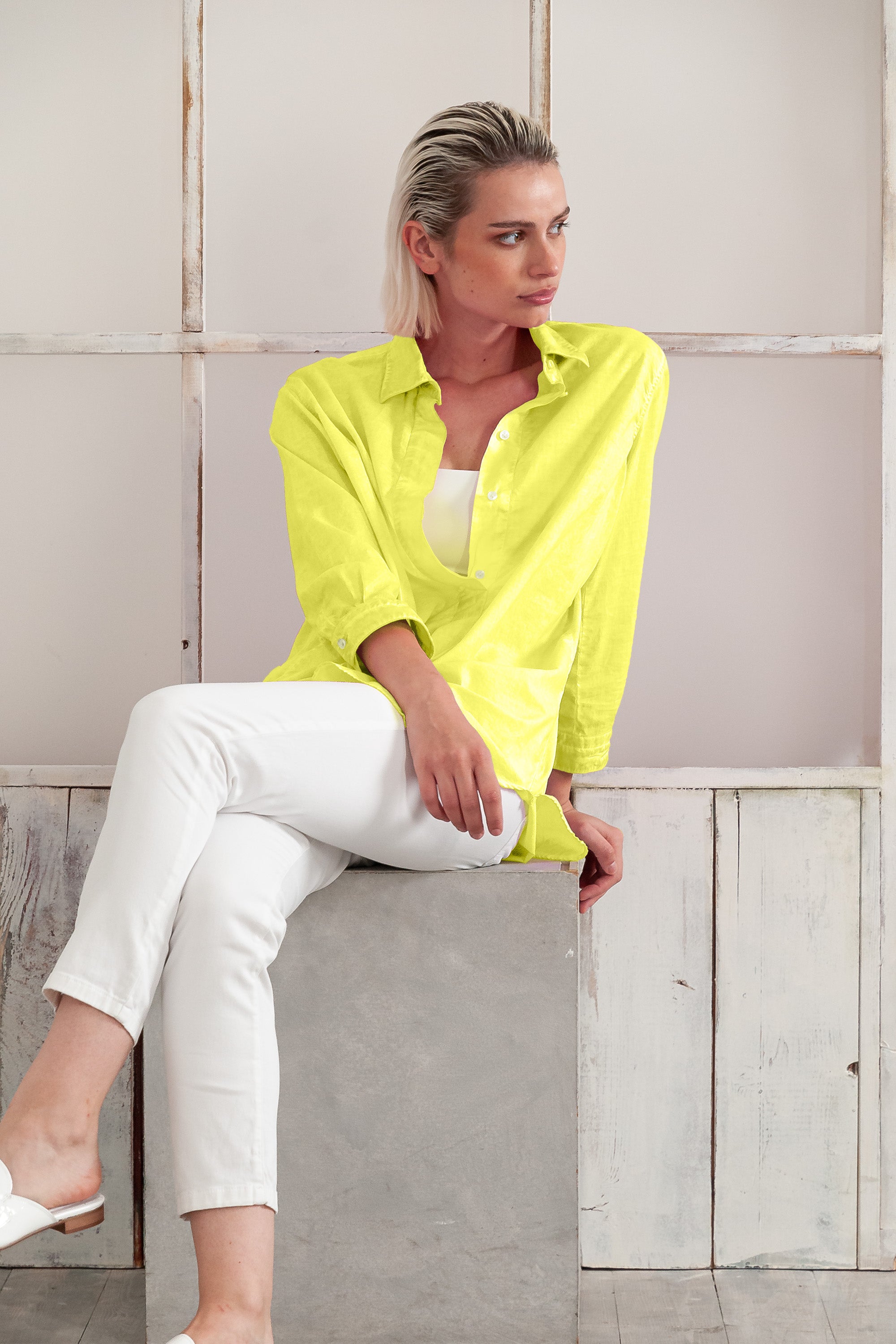 Women's Mini Shirtdress in Cotton Voile - Lime