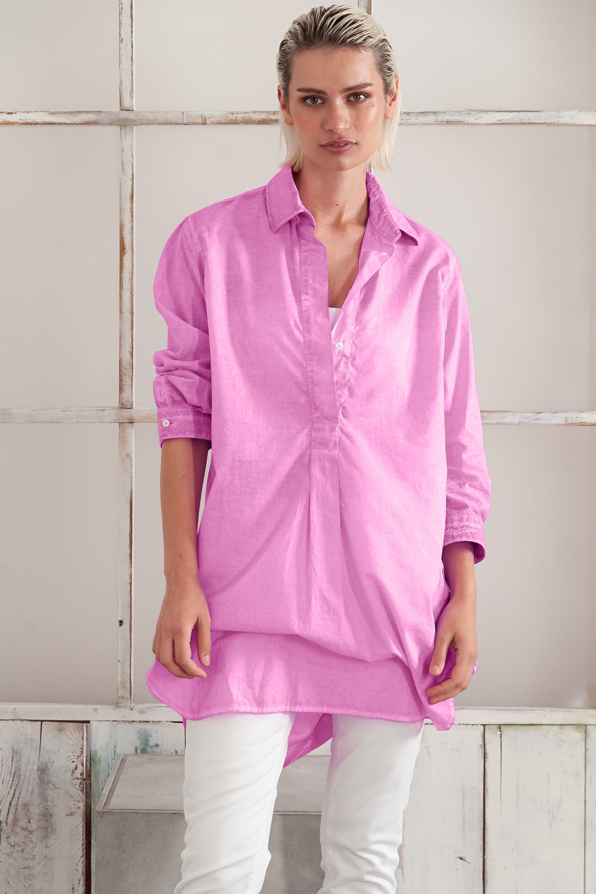 Women's Mini Shirtdress in Cotton Voile - Candy