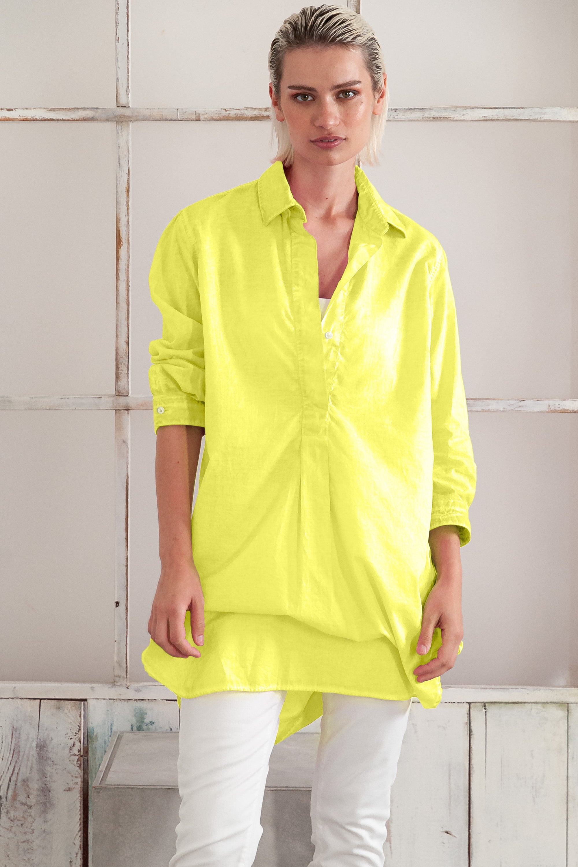 Women's Mini Shirtdress in Cotton Voile - Lime