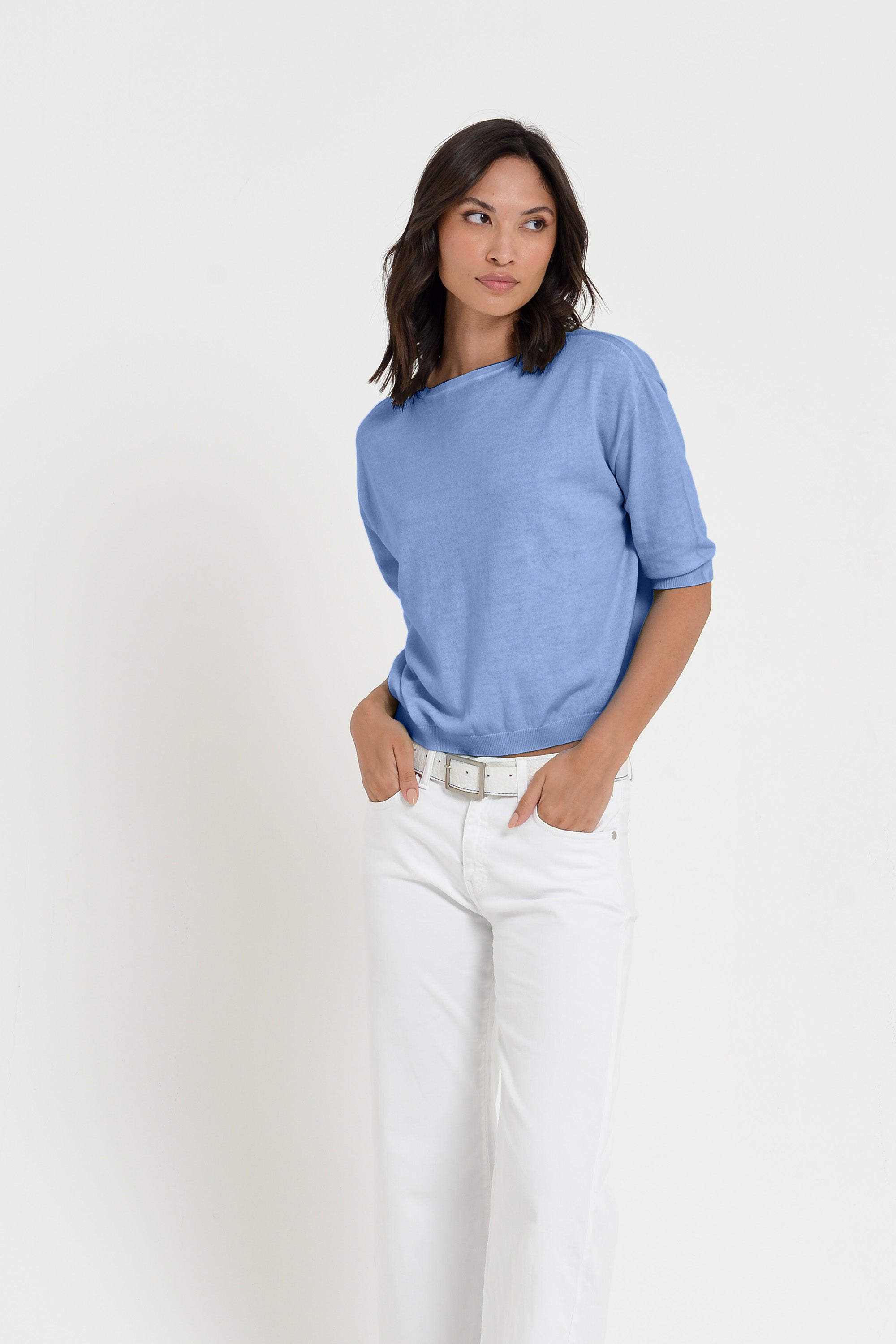 Kriss Knit - Women's Short Sleeve Cropped Sweater - Bay