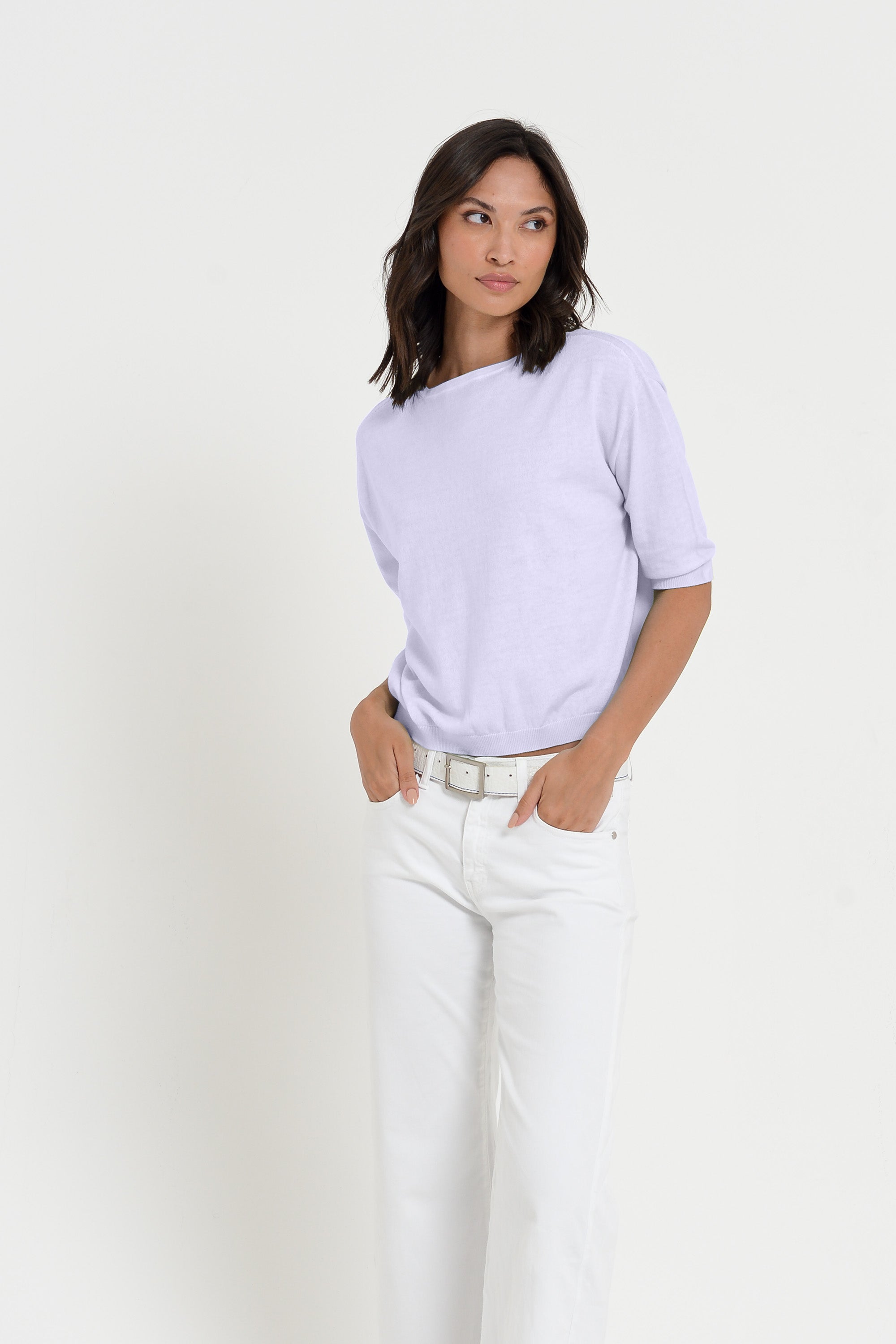 Kriss Knit - Women's Short Sleeve Cropped Sweater - Lilac