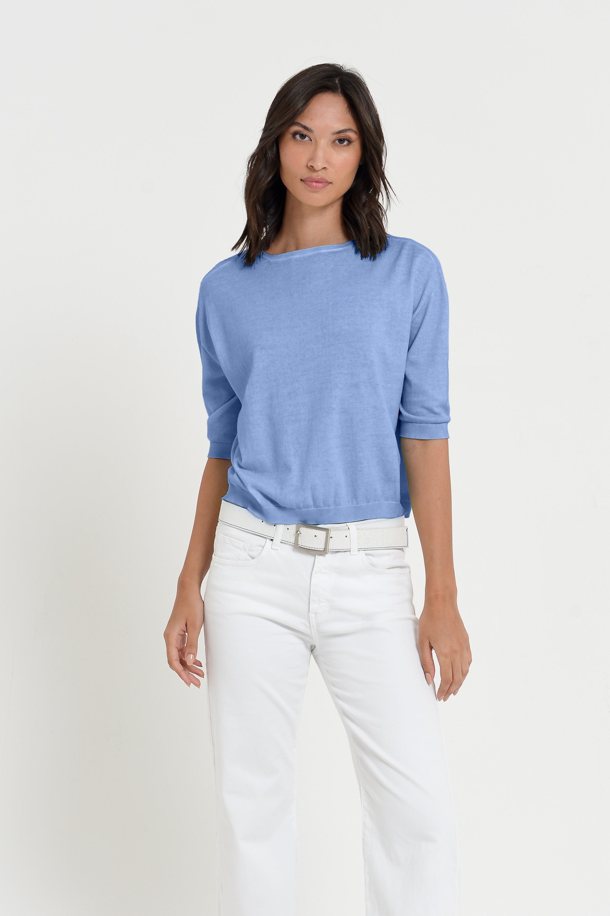 Kriss Knit - Women's Short Sleeve Cropped Sweater - Bay