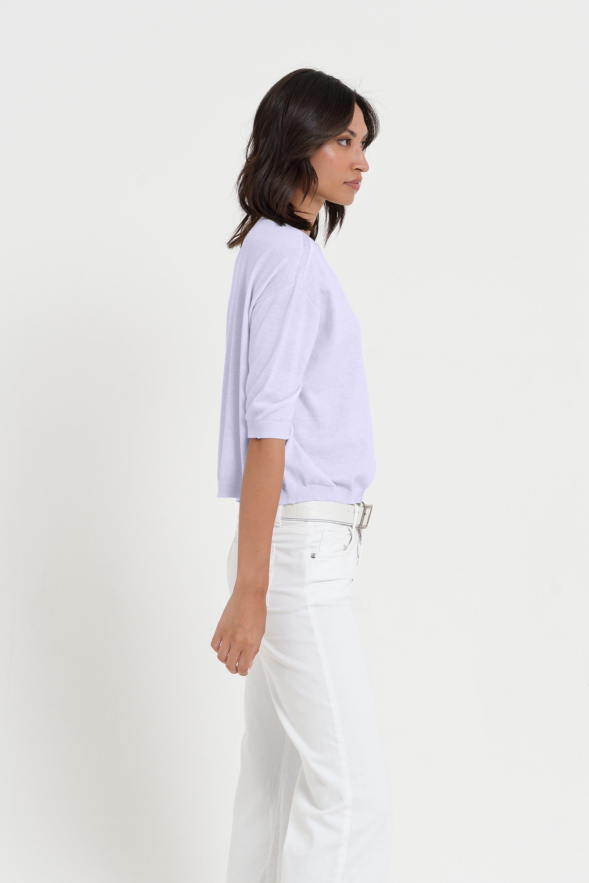 Kriss Knit - Women's Short Sleeve Cropped Sweater - Lilac