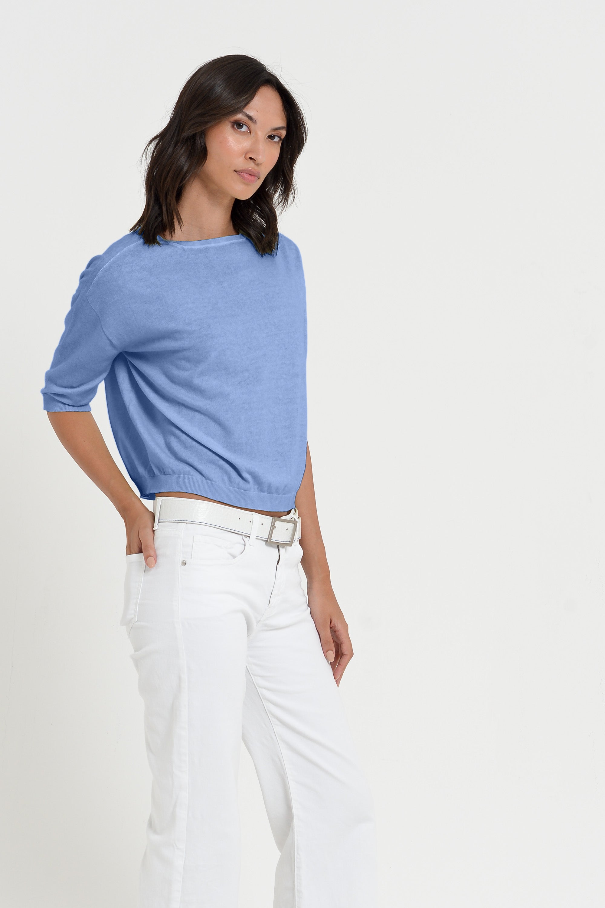 Kriss Knit - Women's Short Sleeve Cropped Sweater - Bay