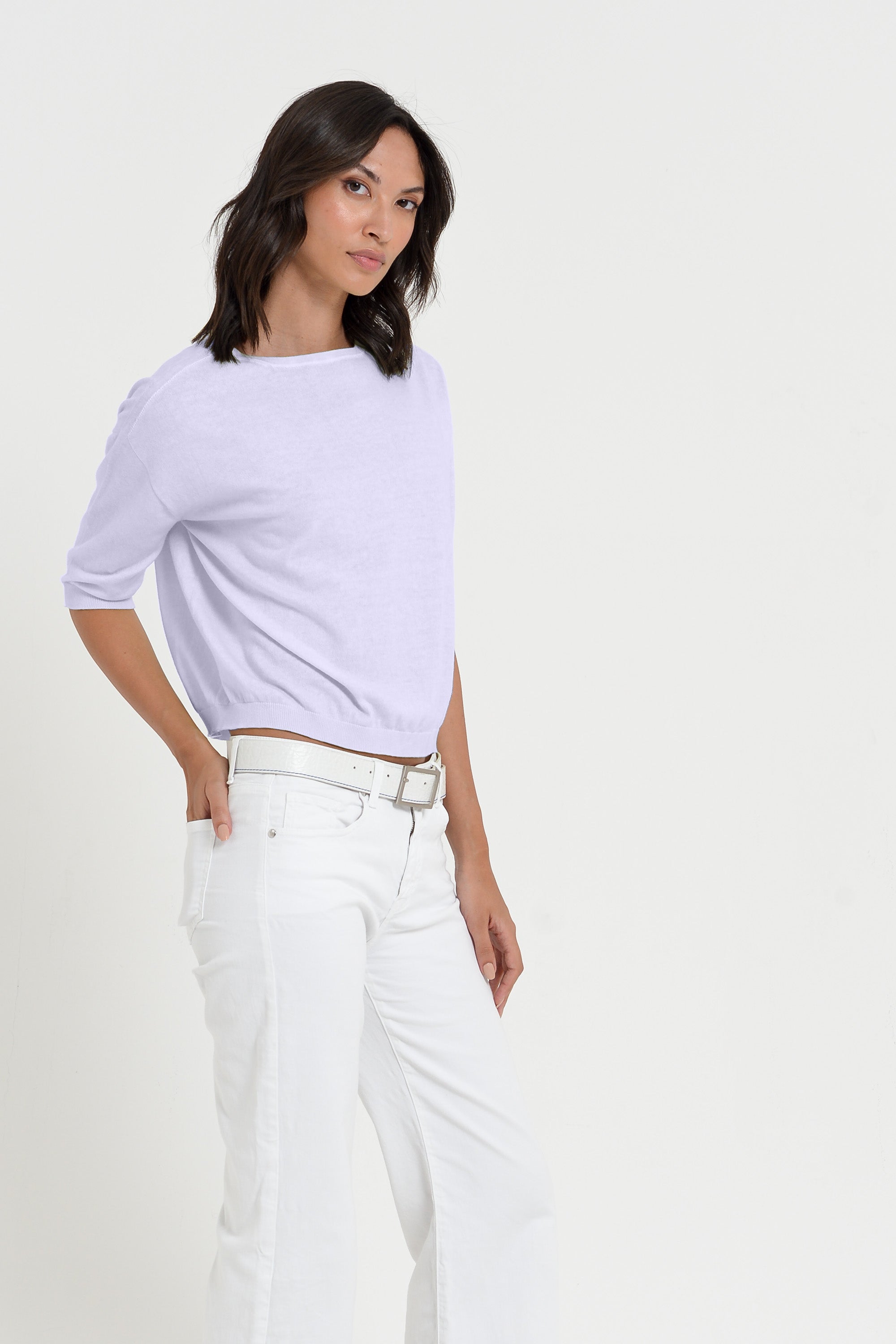 Kriss Knit - Women's Short Sleeve Cropped Sweater - Lilac