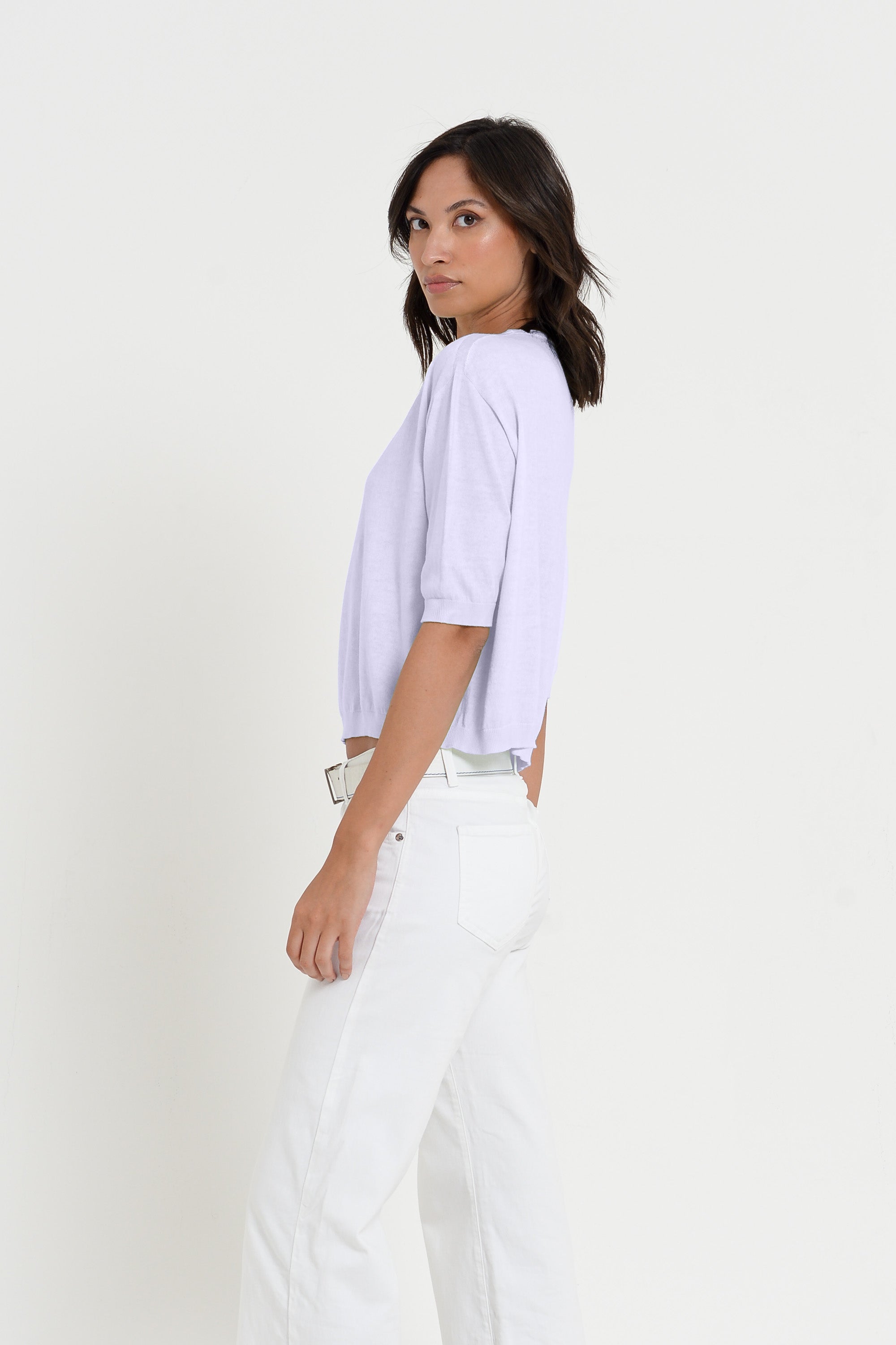 Kriss Knit - Women's Short Sleeve Cropped Sweater - Lilac