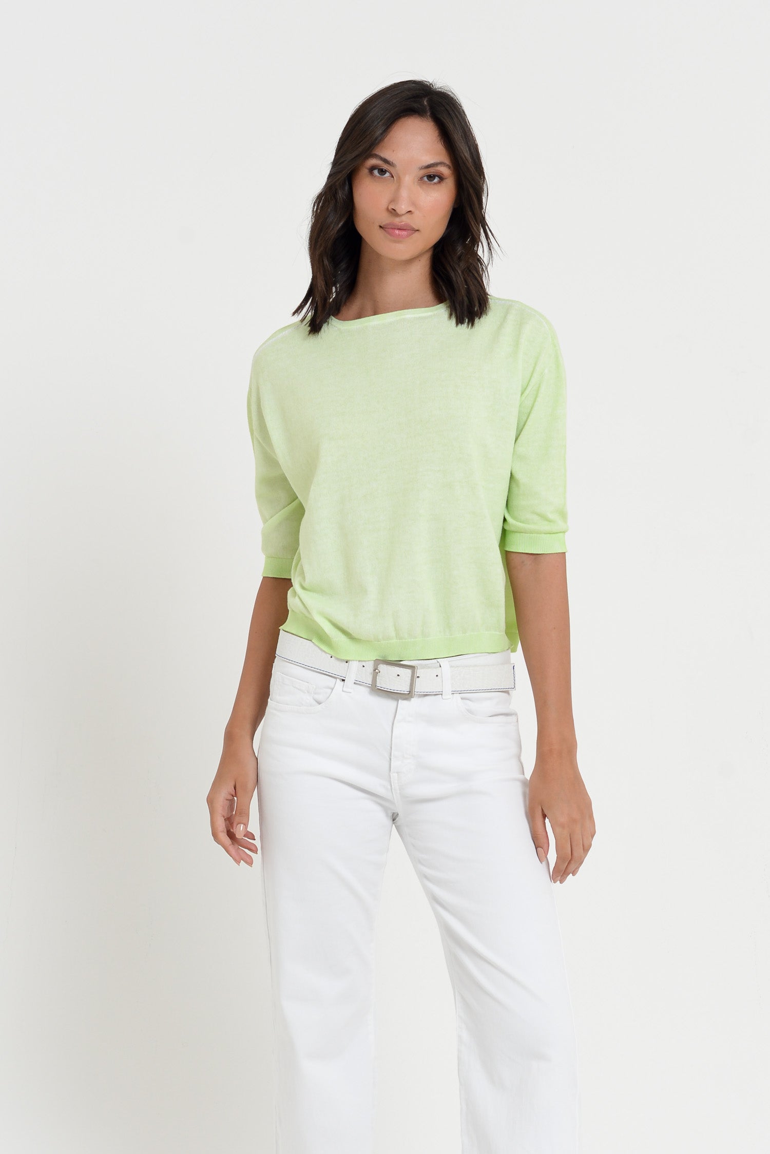 Kriss Knit - Women's Short Sleeve Cropped Sweater - Margarita