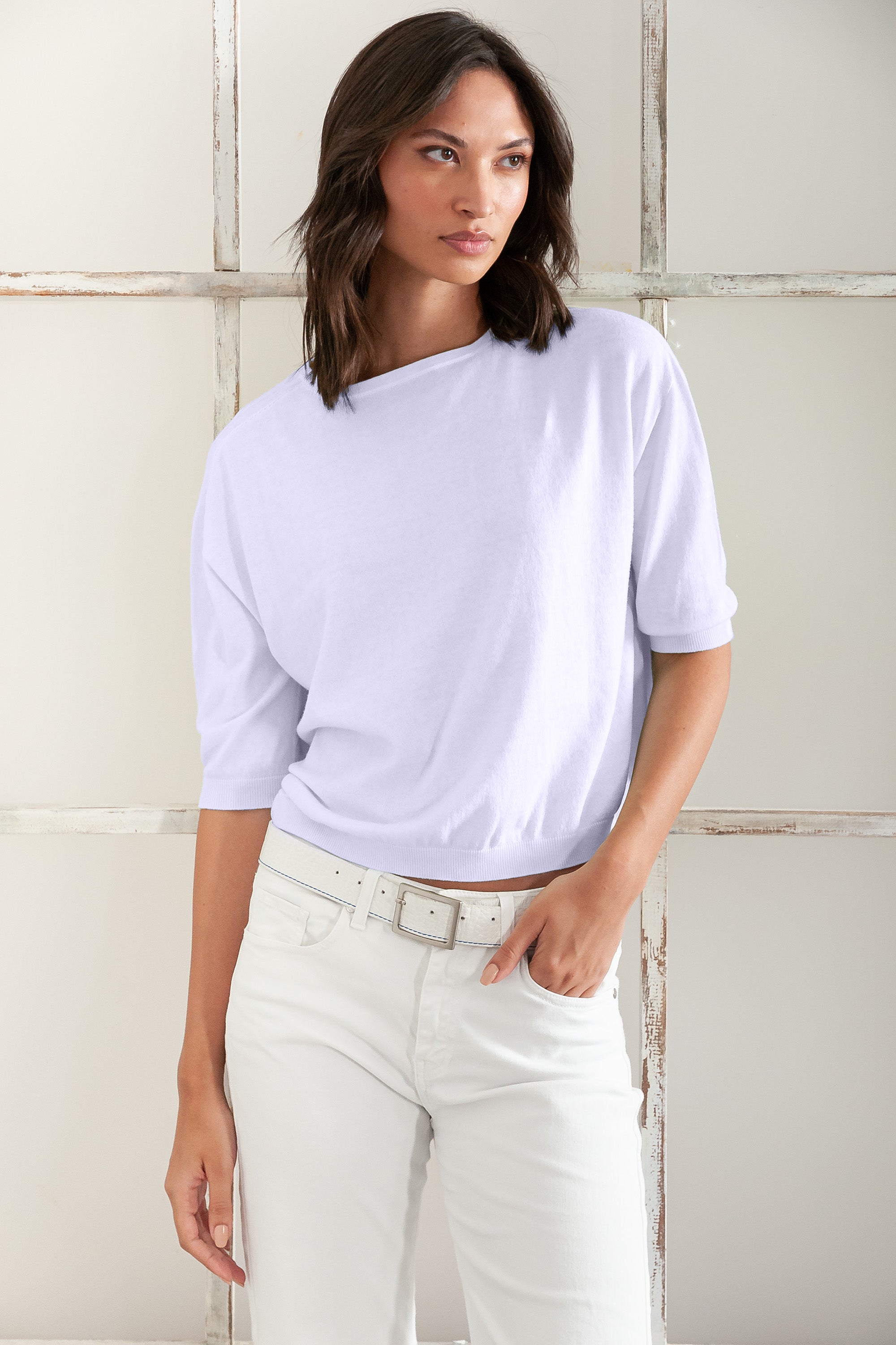 Kriss Knit - Women's Short Sleeve Cropped Sweater - Lilac