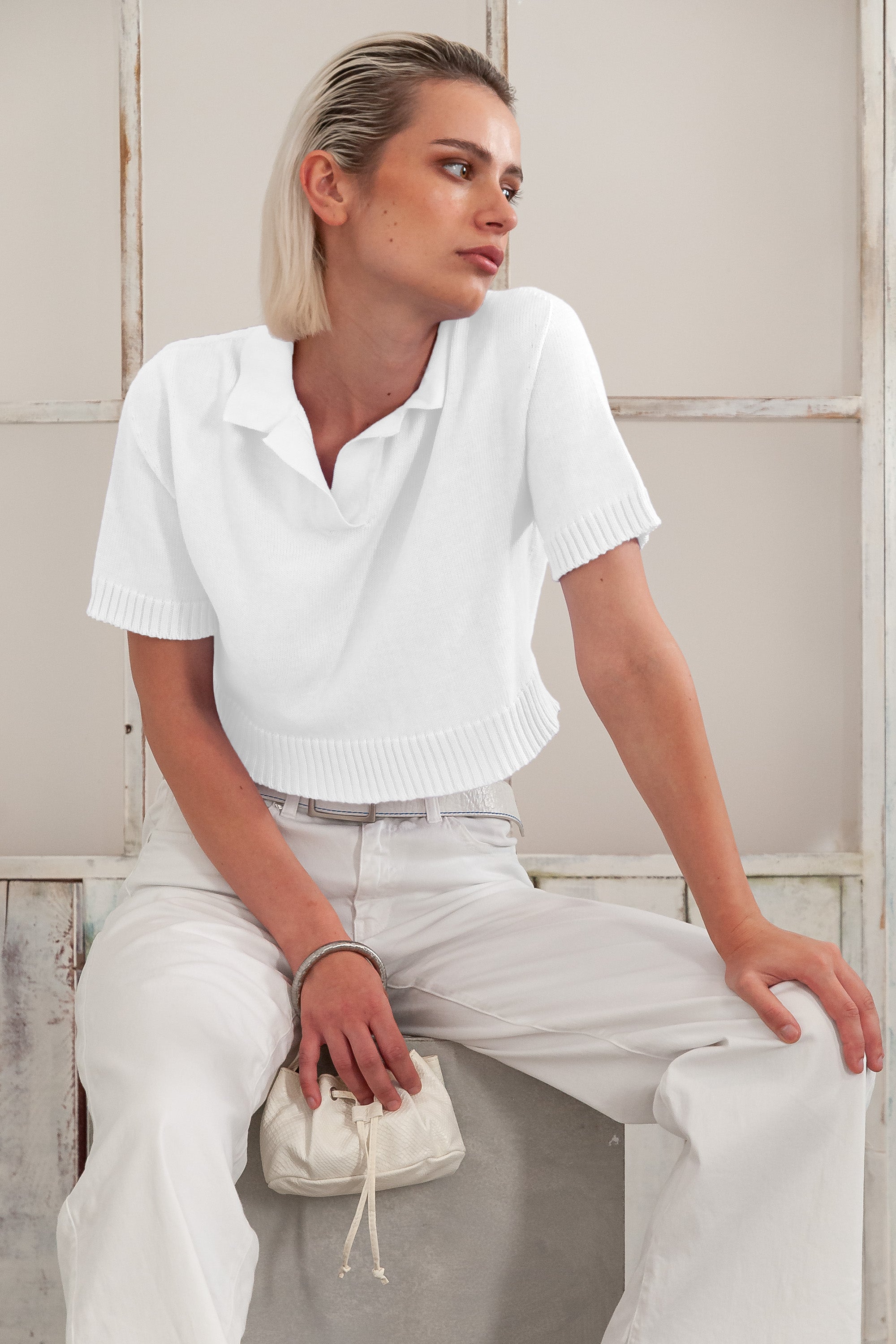 Maya Knit Polo - Women's Cropped Knit Polo - White