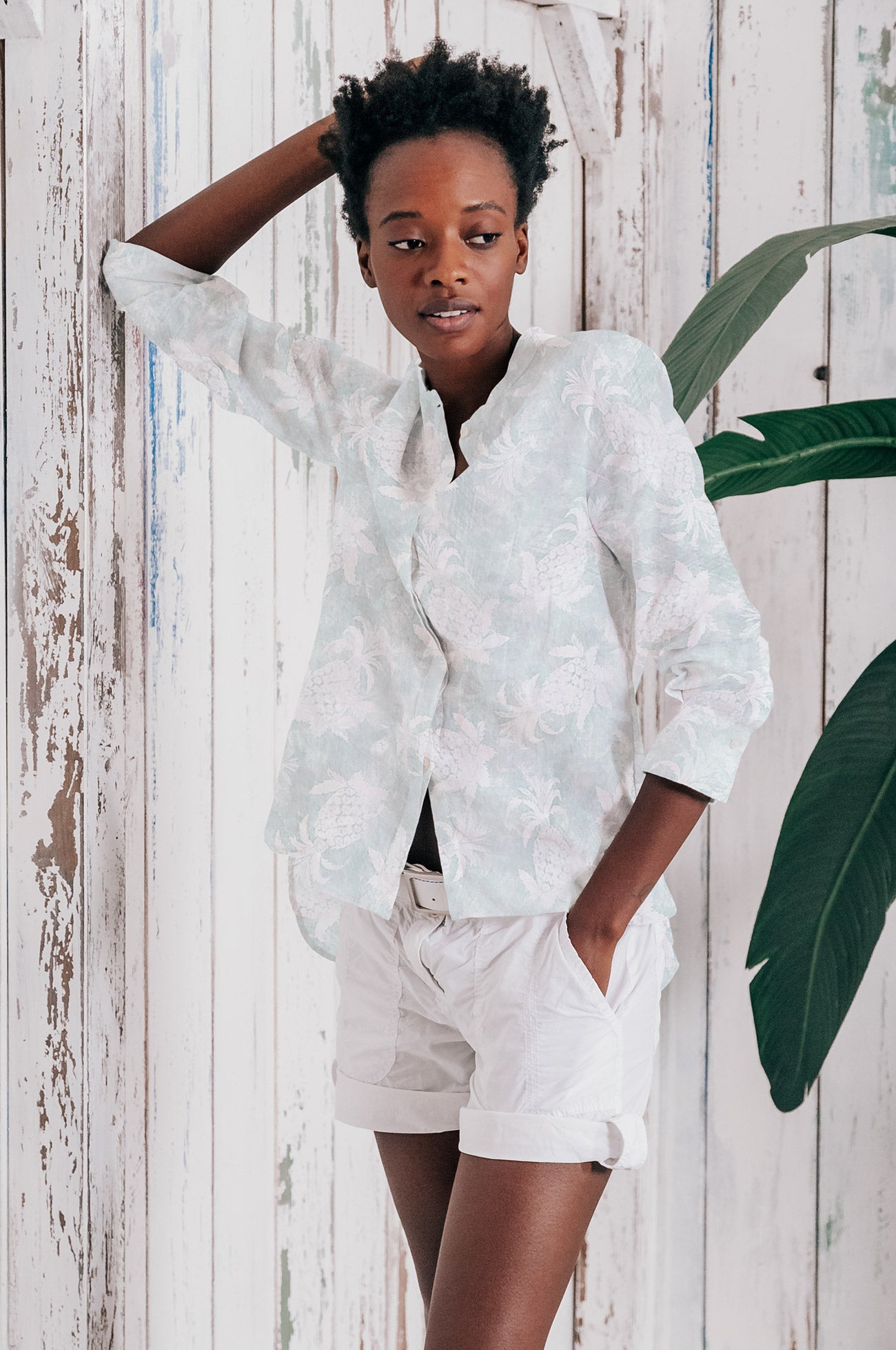 Camicia Asia in Lino Pineapple Print - Anice