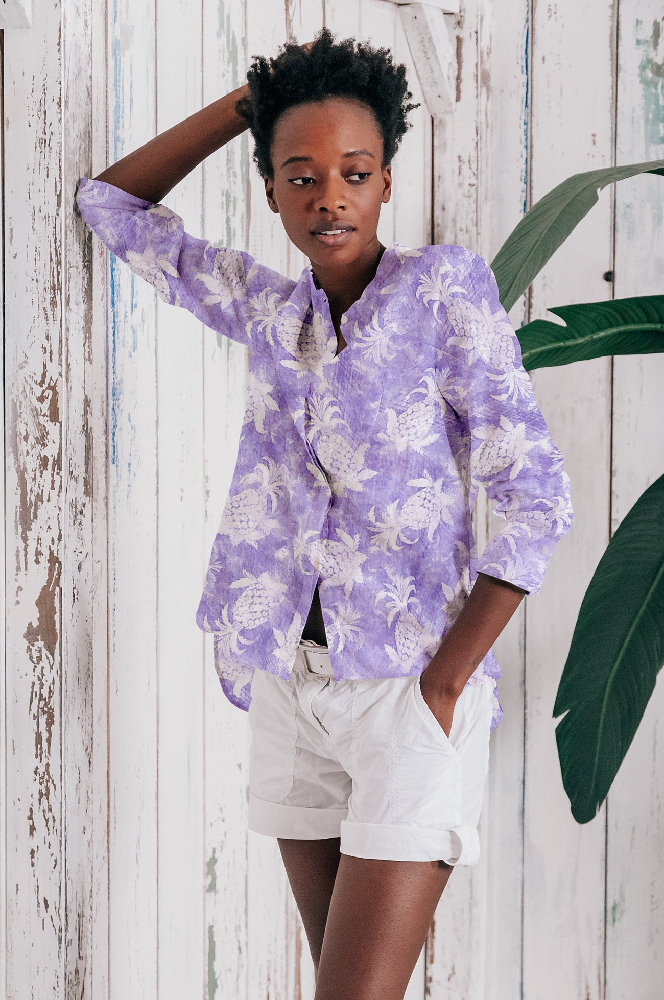 Asia Shirt in Pineapple Print Linen - Mauve