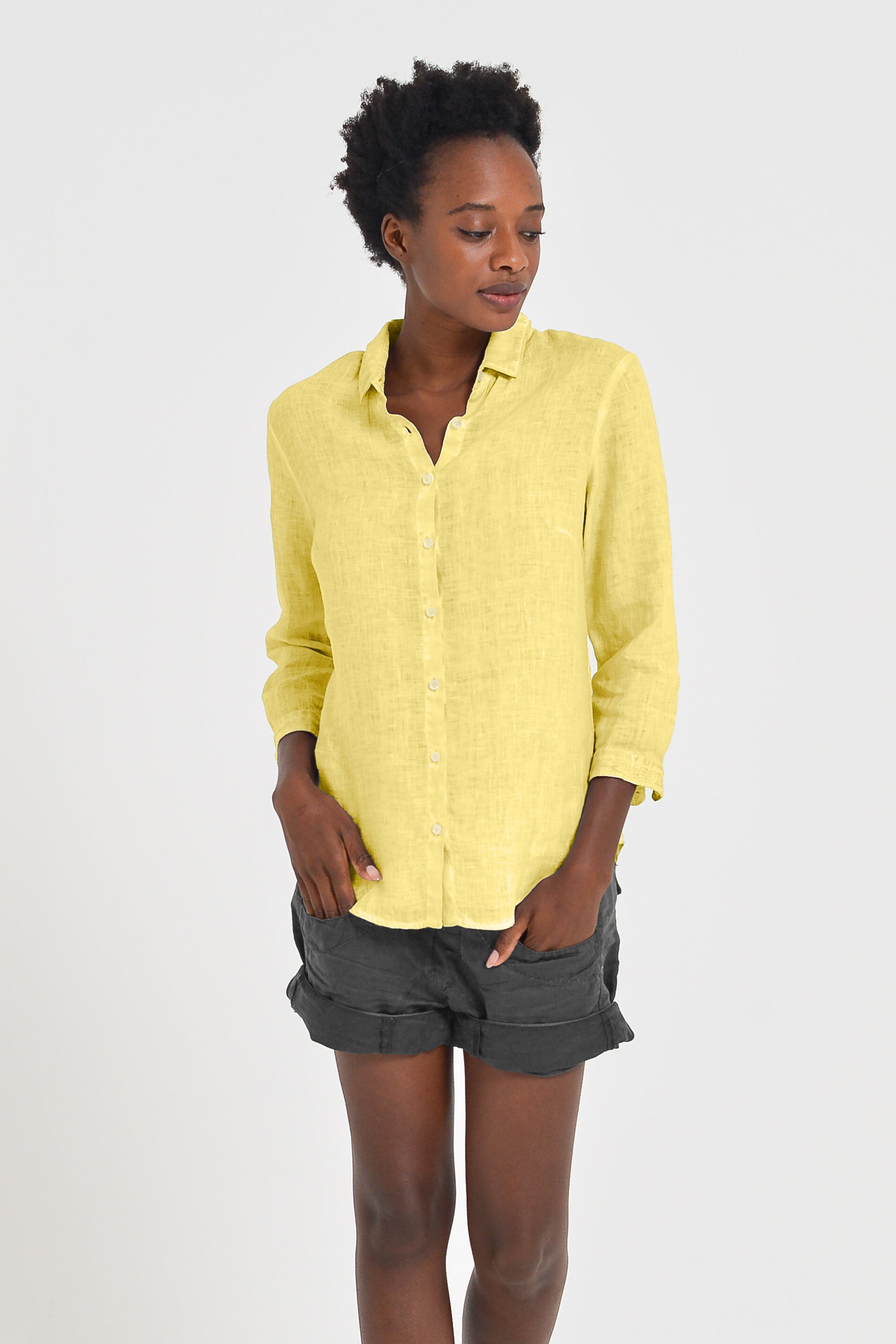 Camicia Slim Lino Manica 3/4 - Limone