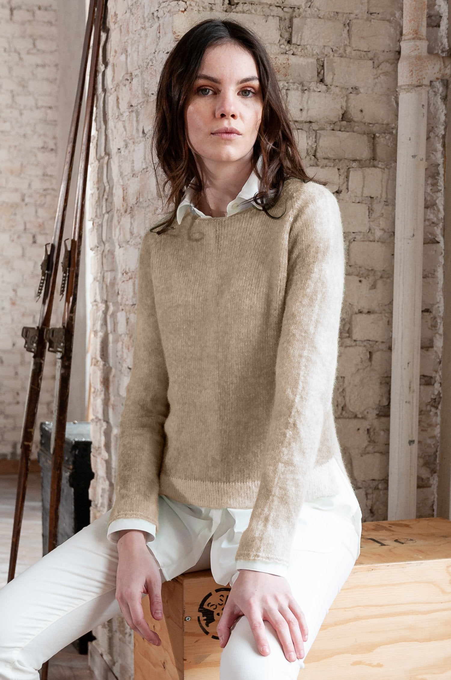 Alpaca Crew Neck Sweater in Wood - Sweaters