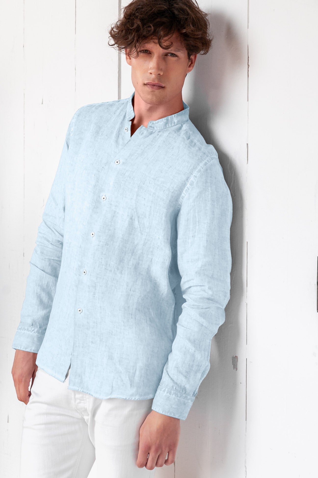 Banded Collar Linen Shirt - Anice - Shirts