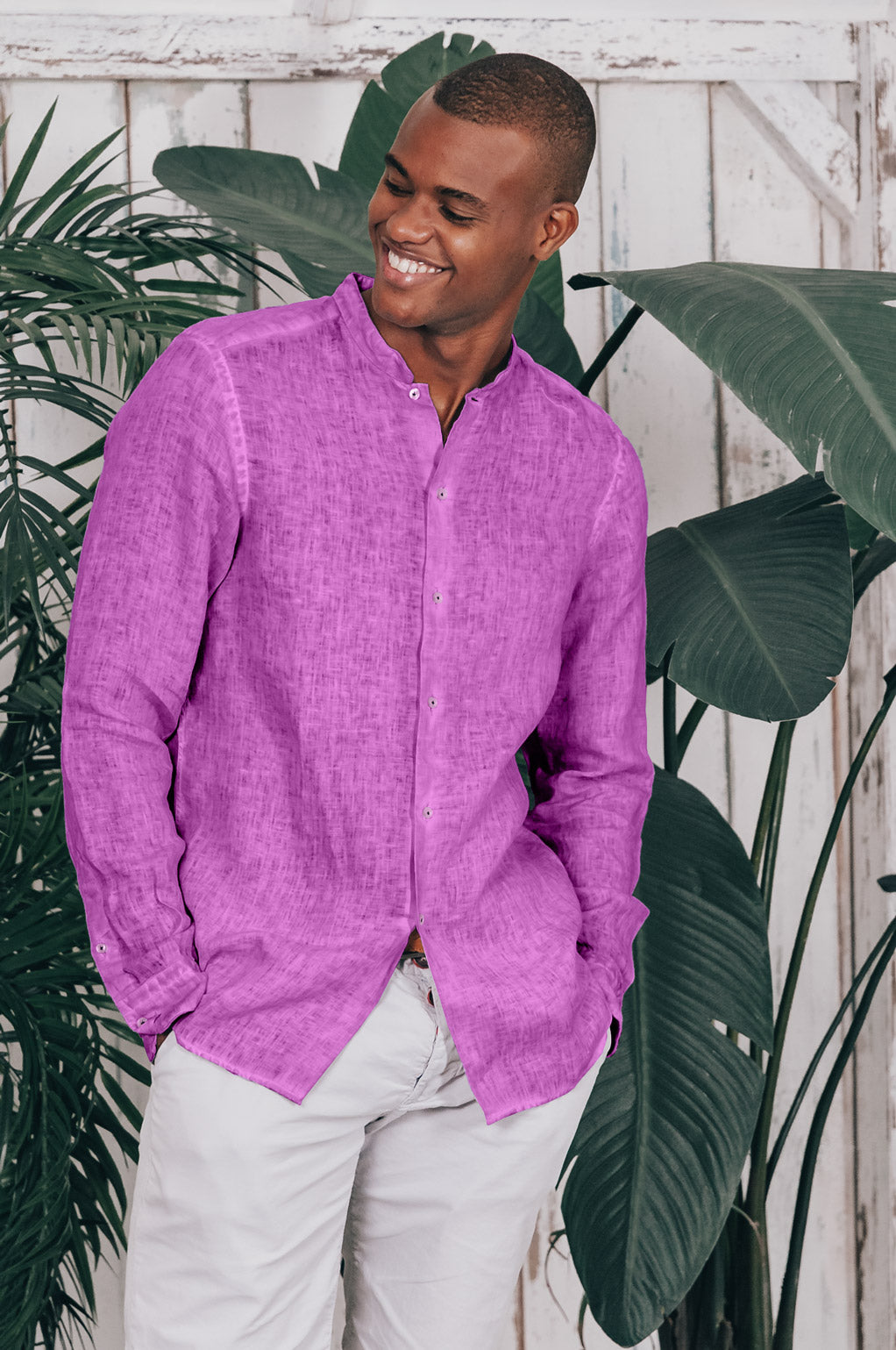 Banded Collar Linen Shirt - Bouganvillea - Shirts