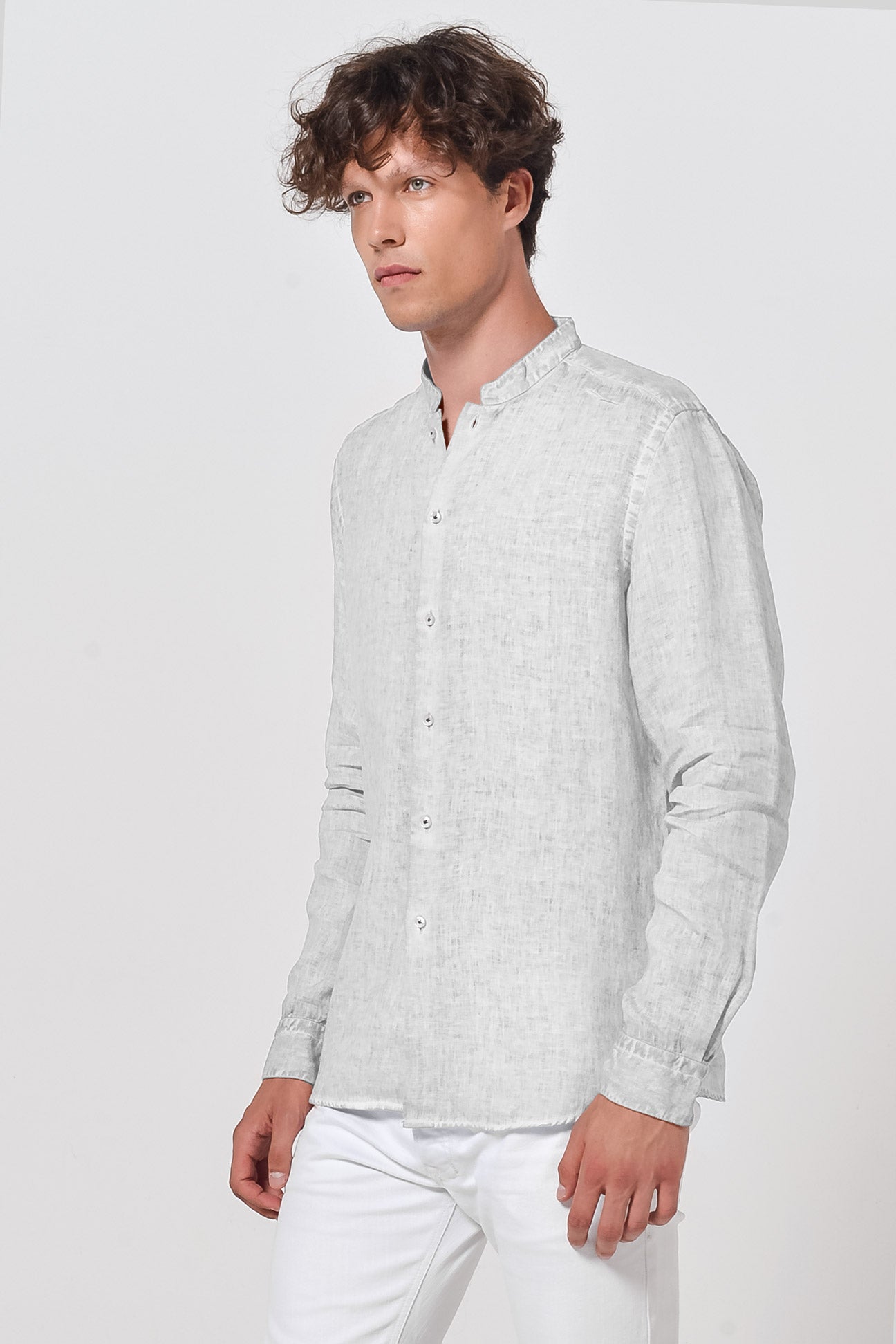 Banded Collar Linen Shirt - Marmo - Shirts