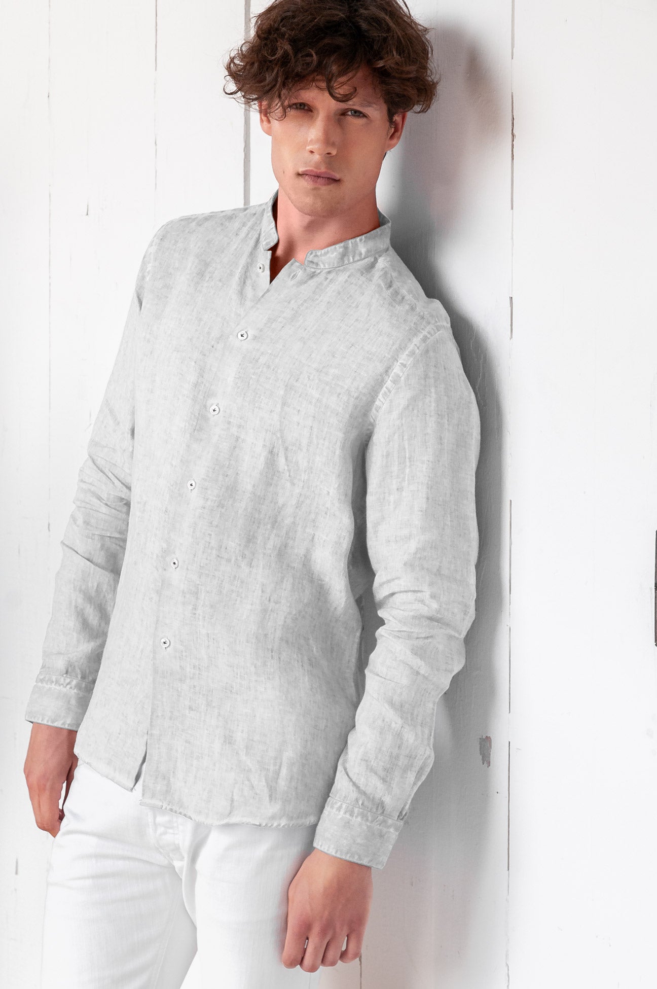 Banded Collar Linen Shirt - Marmo - Shirts
