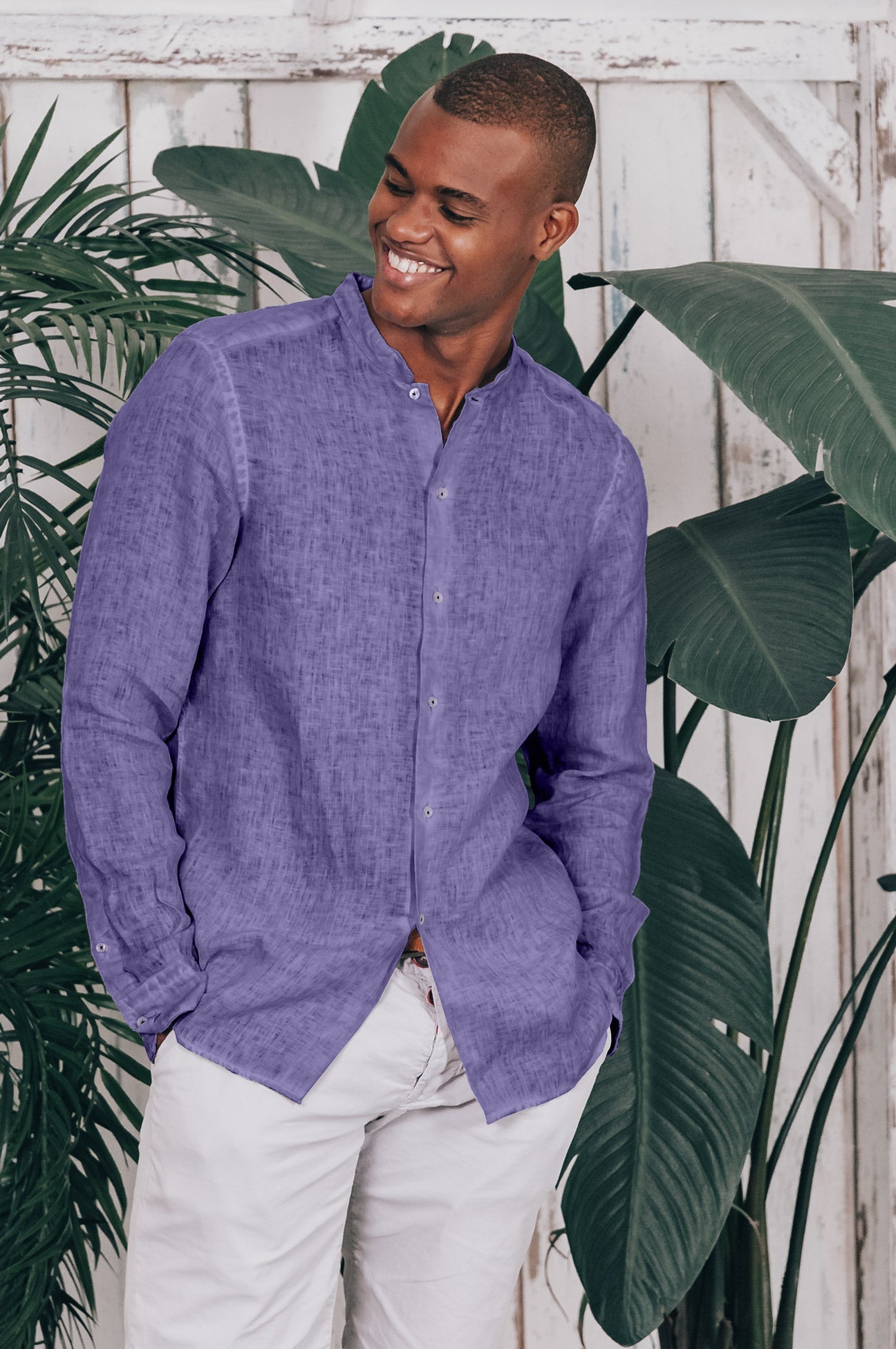 Banded Collar Linen Shirt - Mirtillo - Shirts