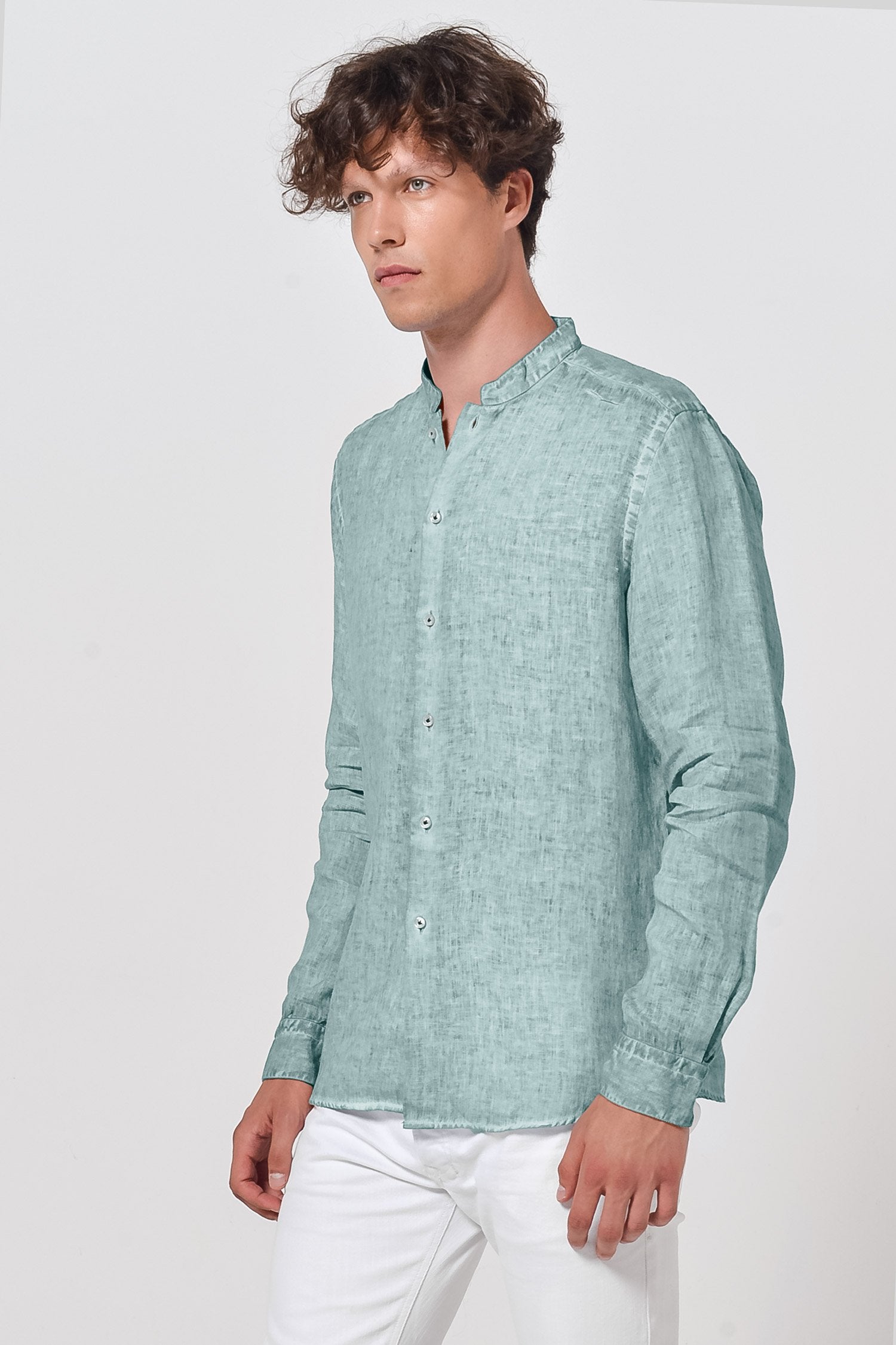 Banded Collar Linen Shirt - Shark - Shirts