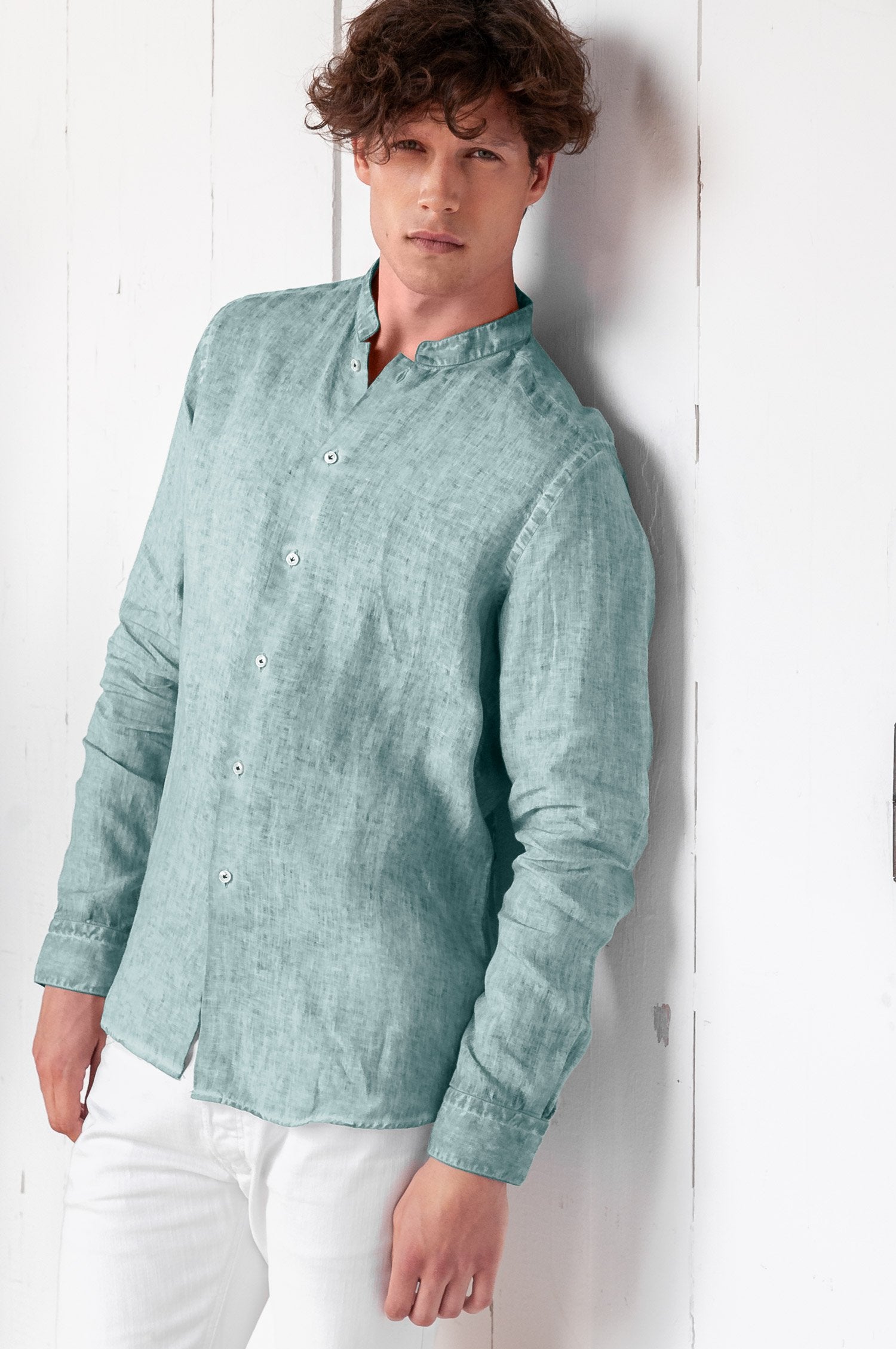 Banded Collar Linen Shirt - Shark - Shirts