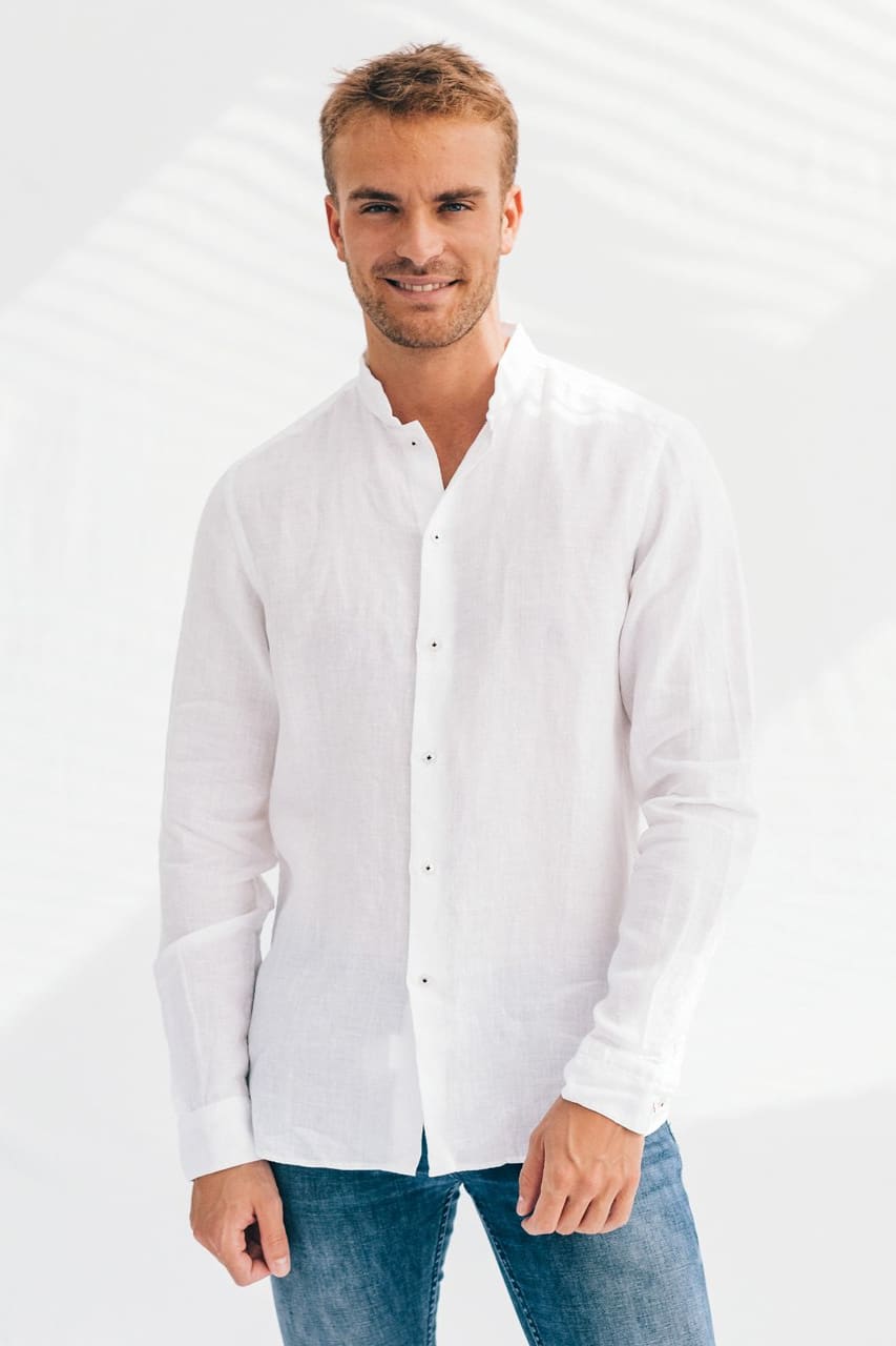 Banded Collar Linen Shirt - Bianco - Shirts