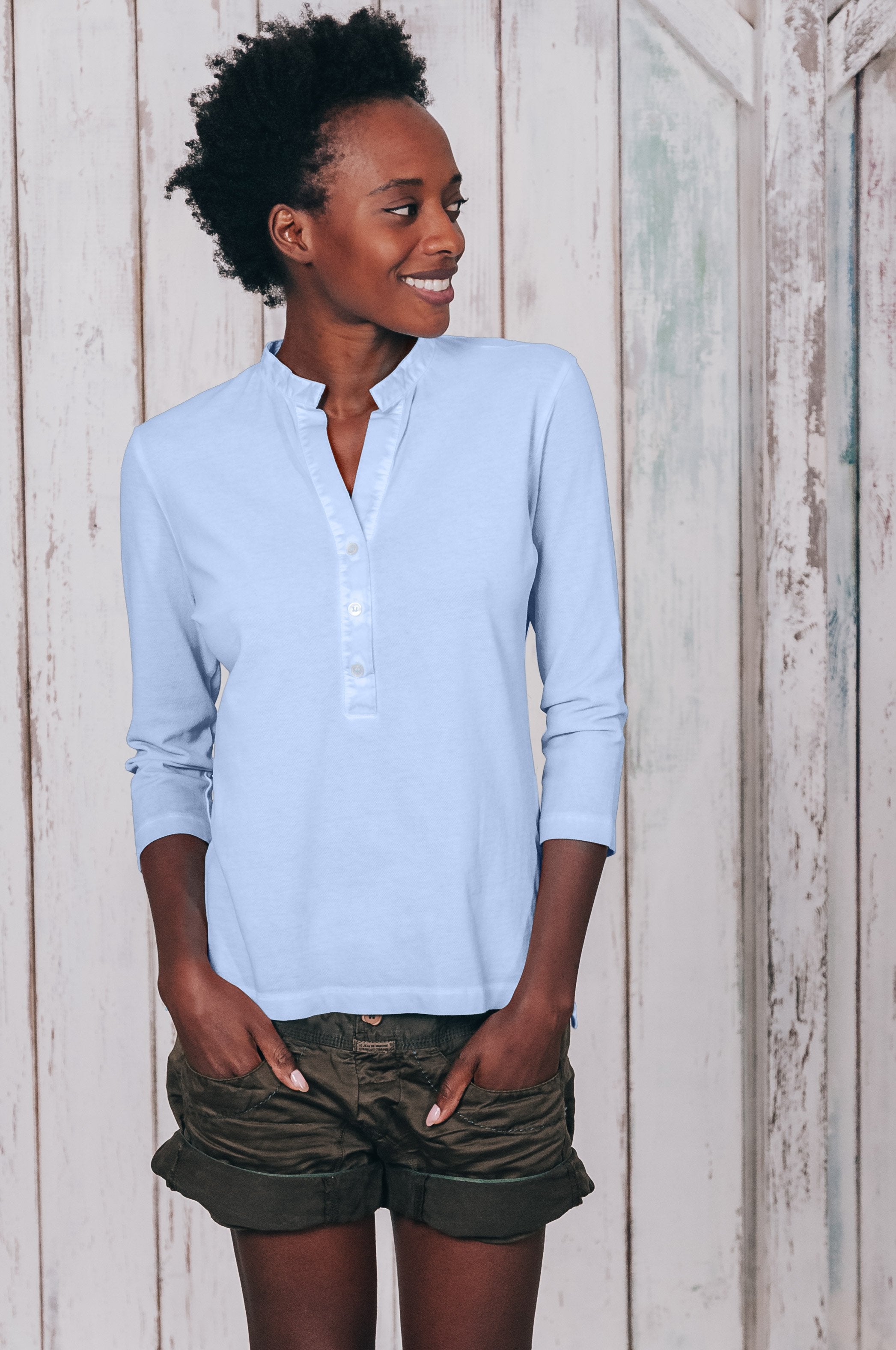 Banded Collar Polo Shirt - Cielo - Polos