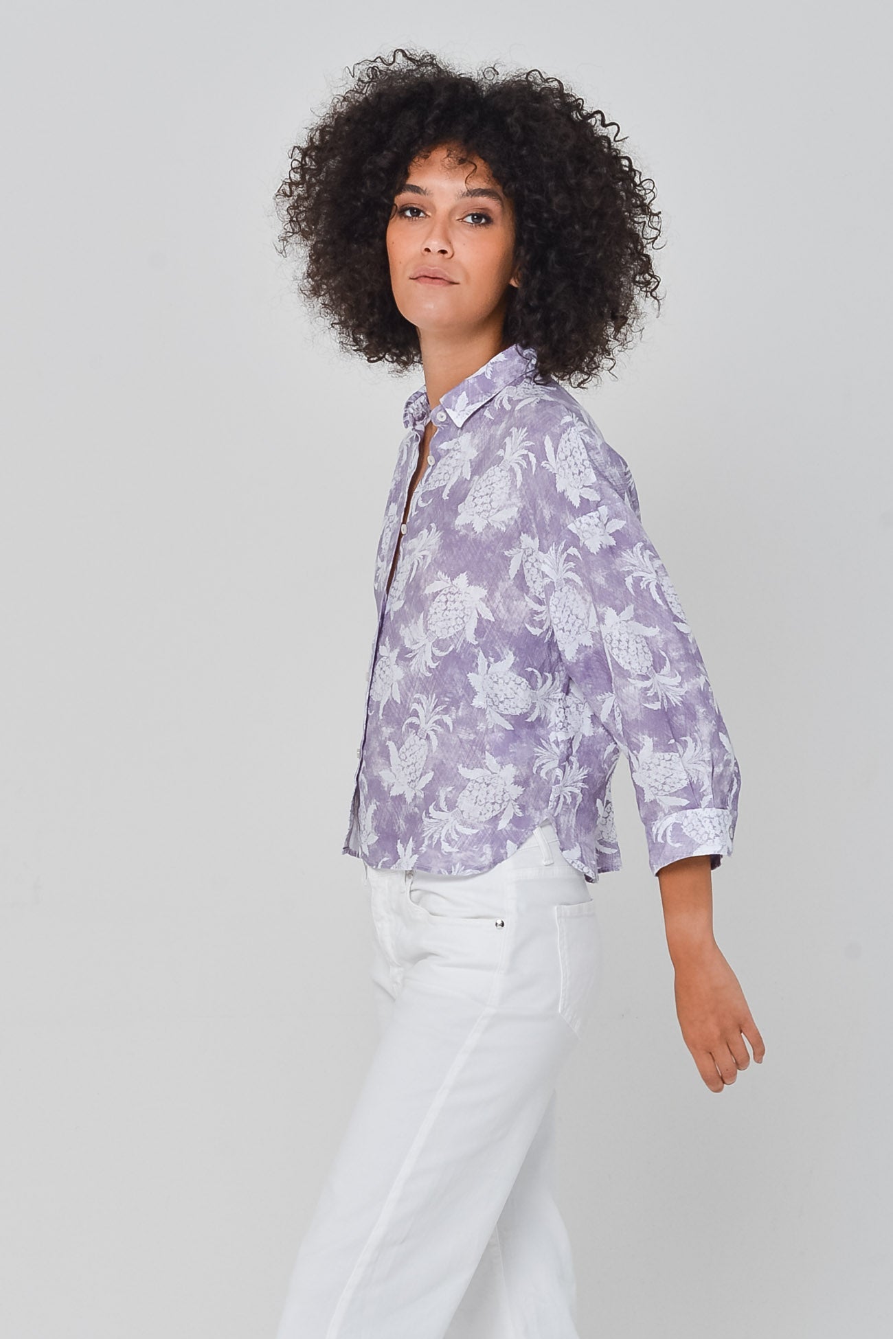 Crop Shirt in Pineapple Print Linen Mauve - Shirts