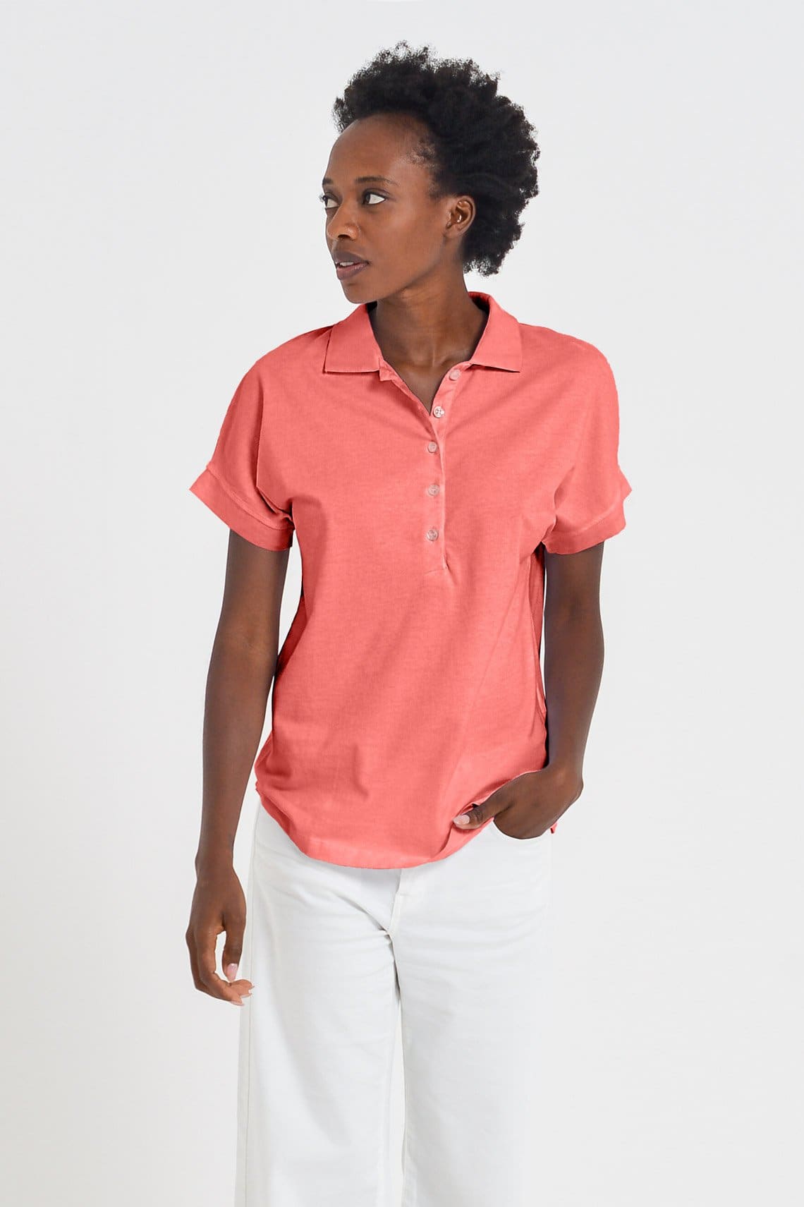 Drop Shoulder Polo Shirt - Hibiscus - Polos