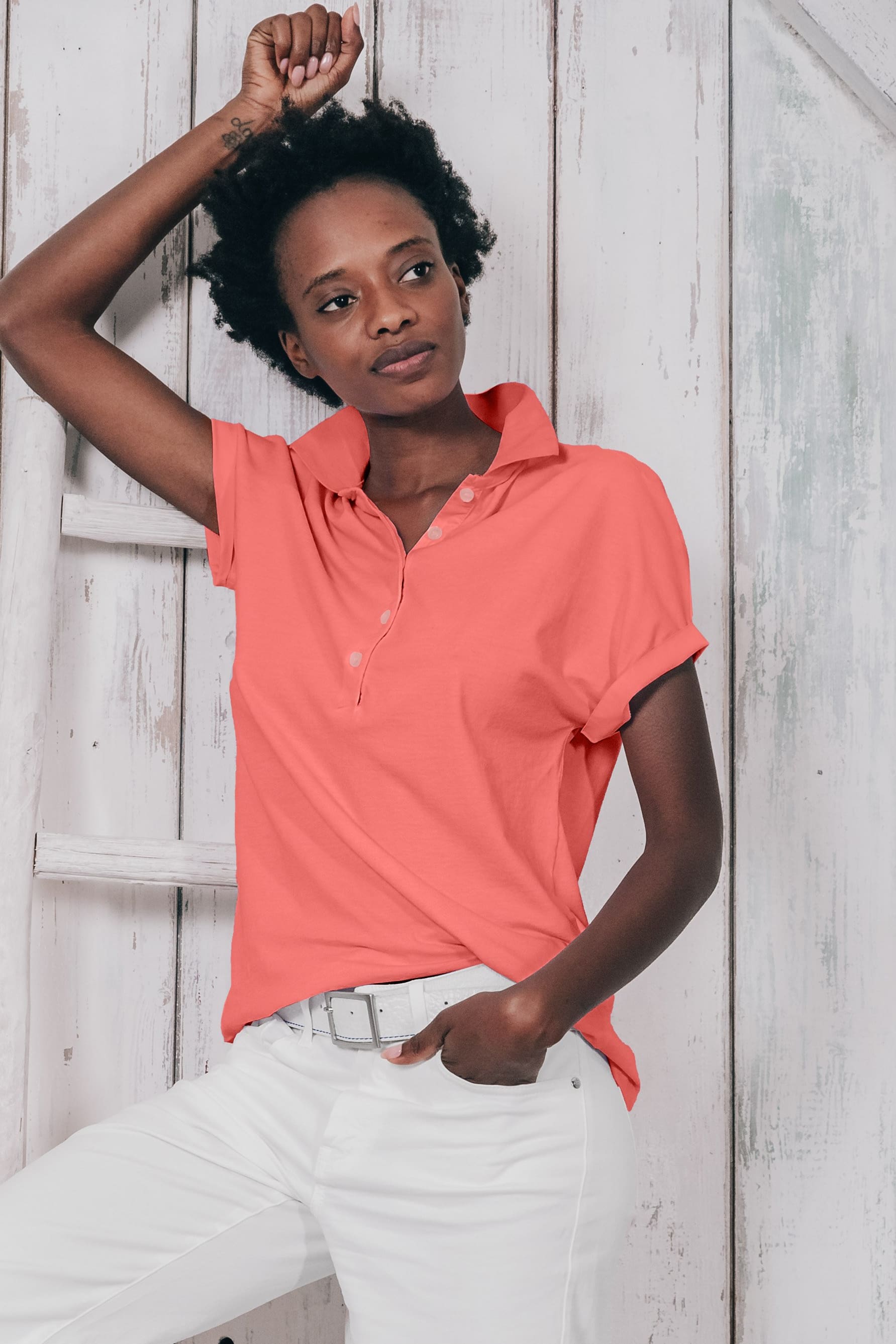 Drop Shoulder Polo Shirt - Hibiscus - Polos