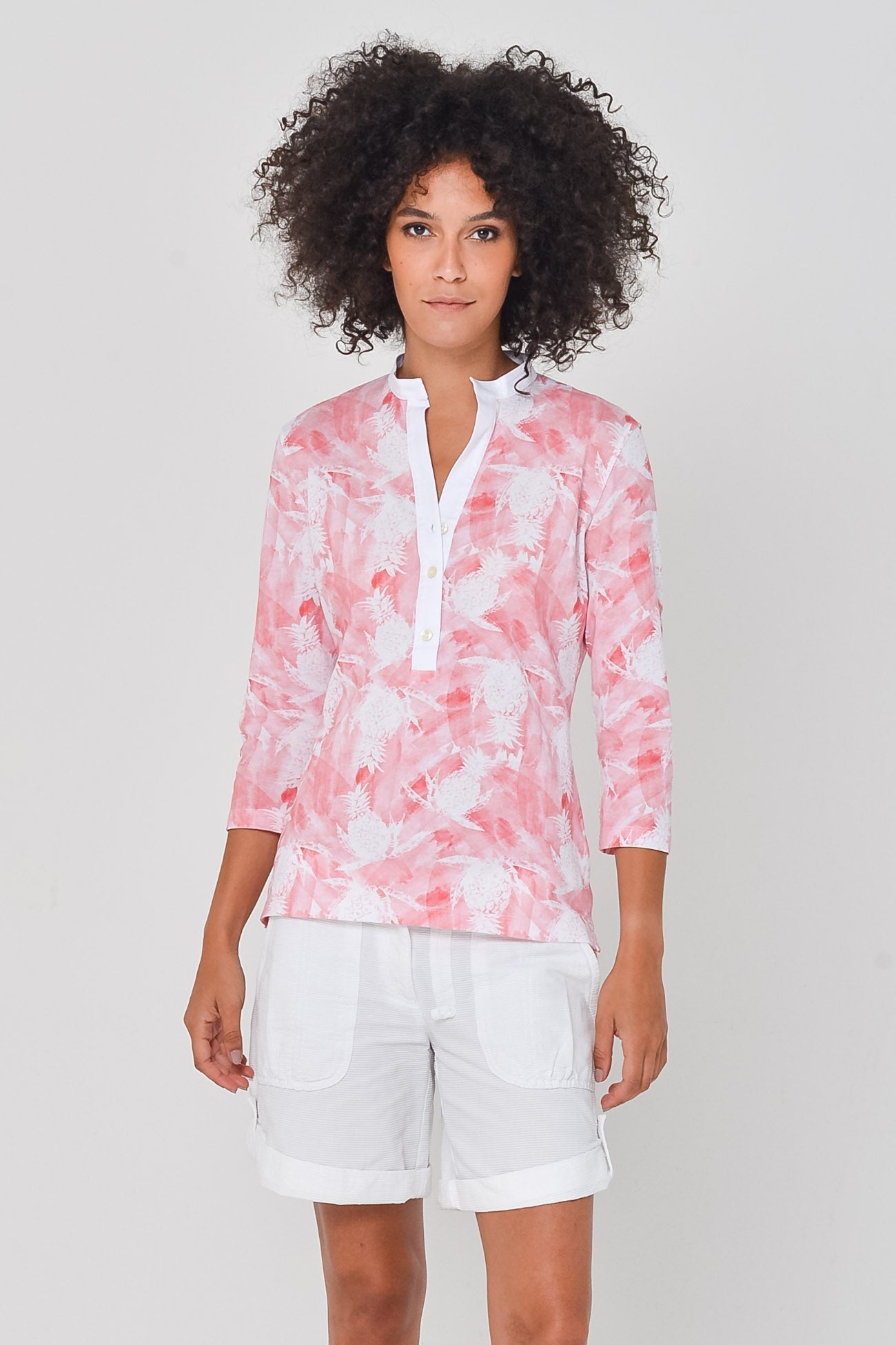 Fruit Print Collarless Polo in Hibiscus - Polos