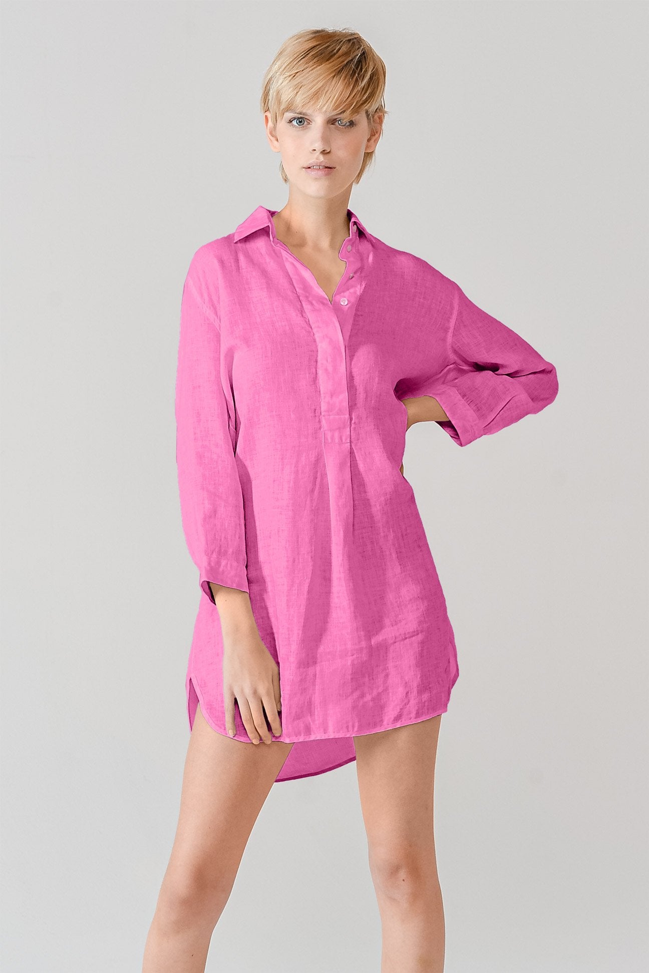 Linen Mini Shirtdress - Azalea - Shirts