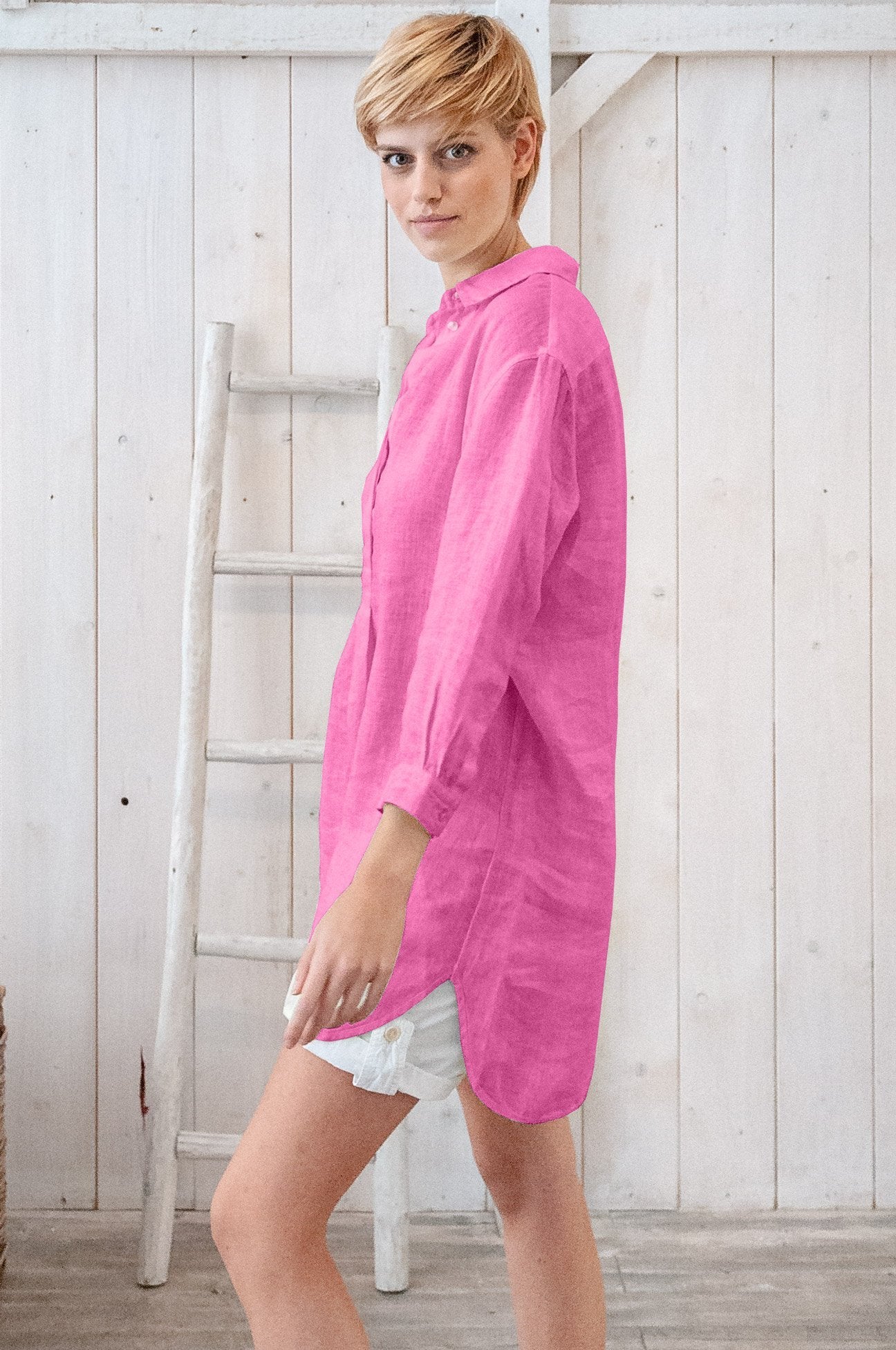 Linen Mini Shirtdress - Azalea - Shirts