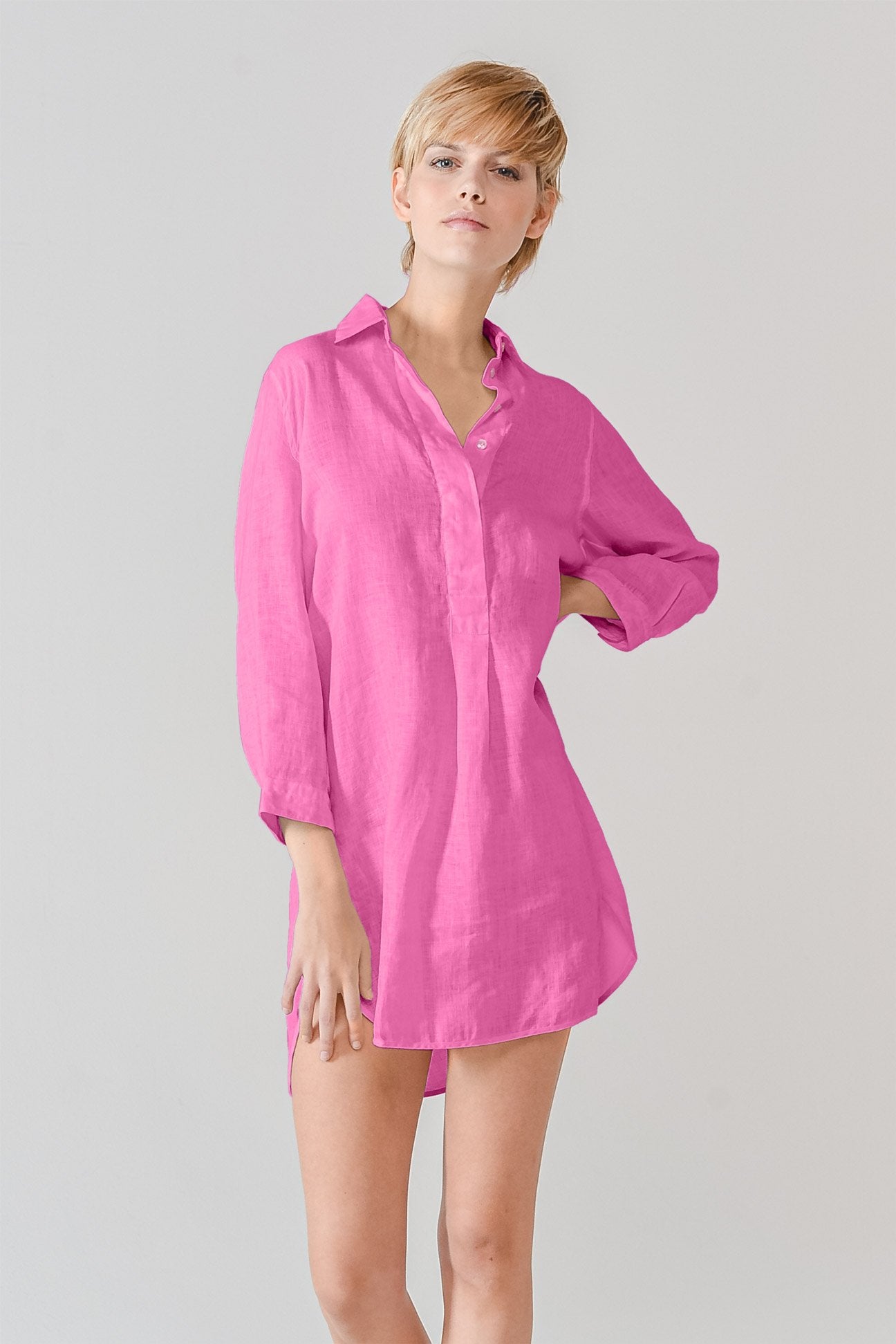 Linen Mini Shirtdress - Azalea - Shirts