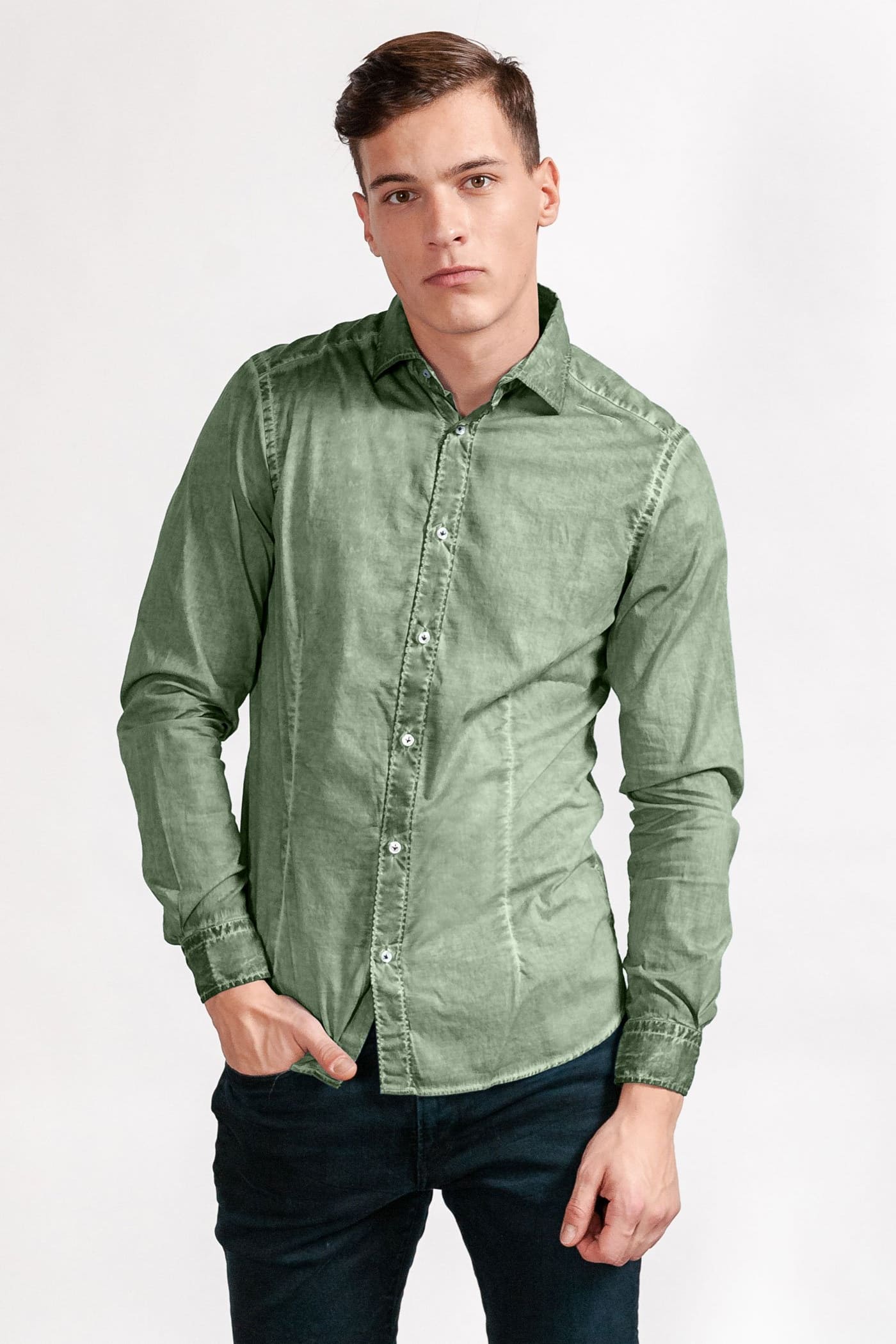Slim-Fit Stretch Poplin Shirt - Ginepro - Shirts
