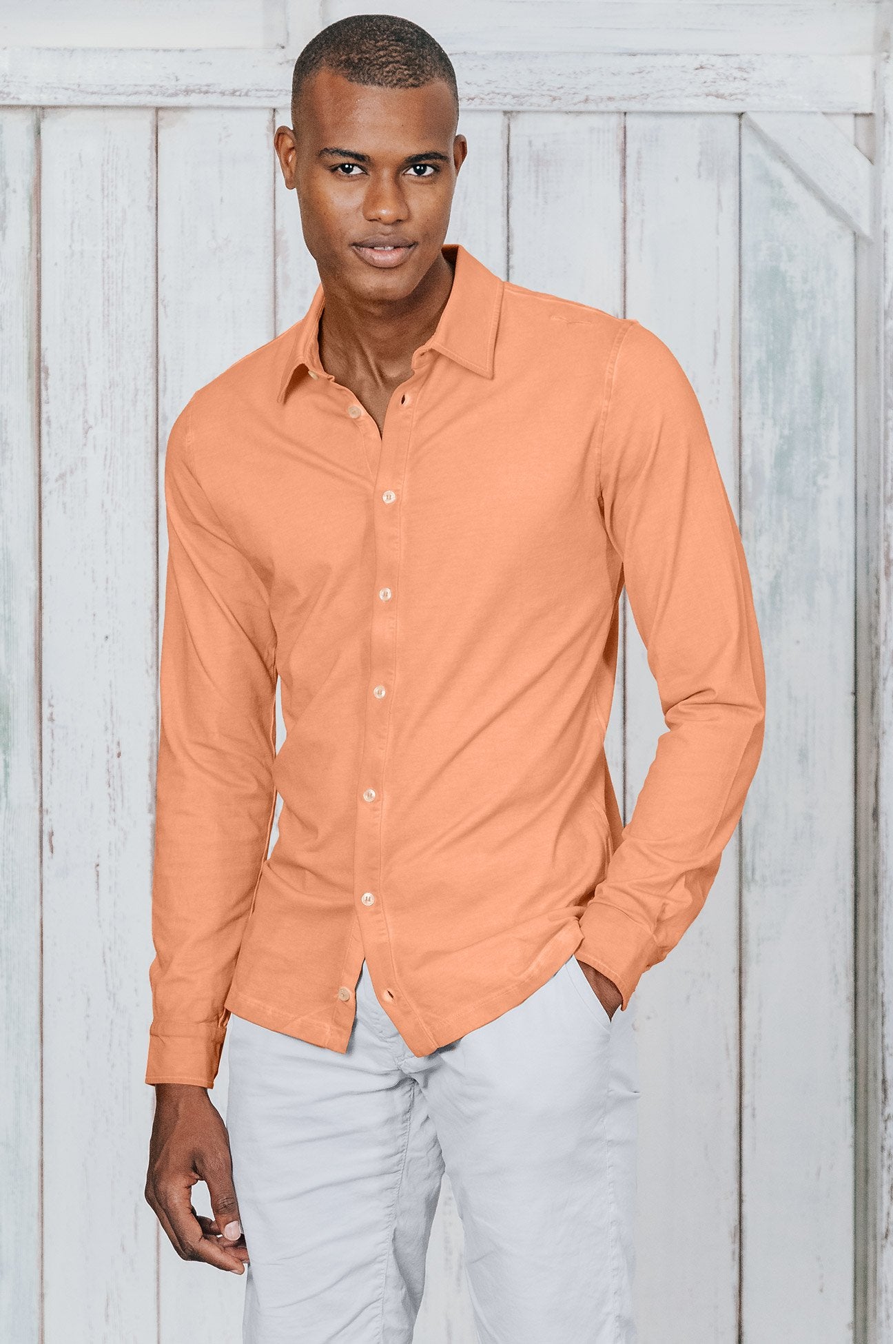 Stretch Cotton Pique Shirt - Albicocca - Shirts