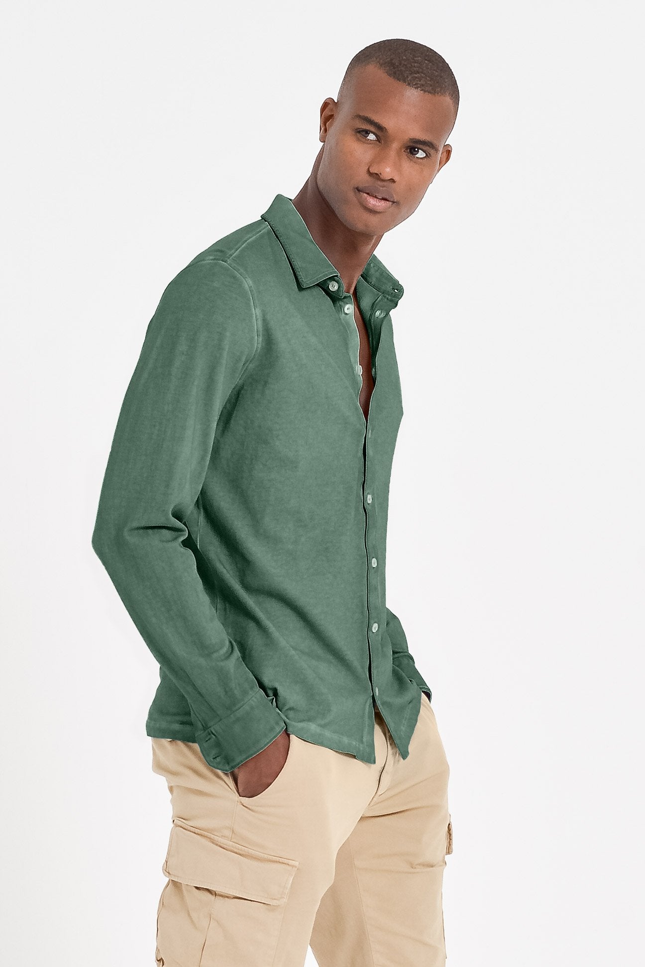 Stretch Cotton Pique Shirt - Ginepro - Shirts