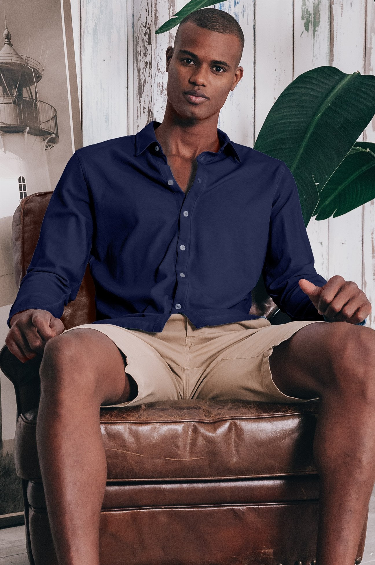 Stretch Cotton Pique Shirt - Navy - Shirts