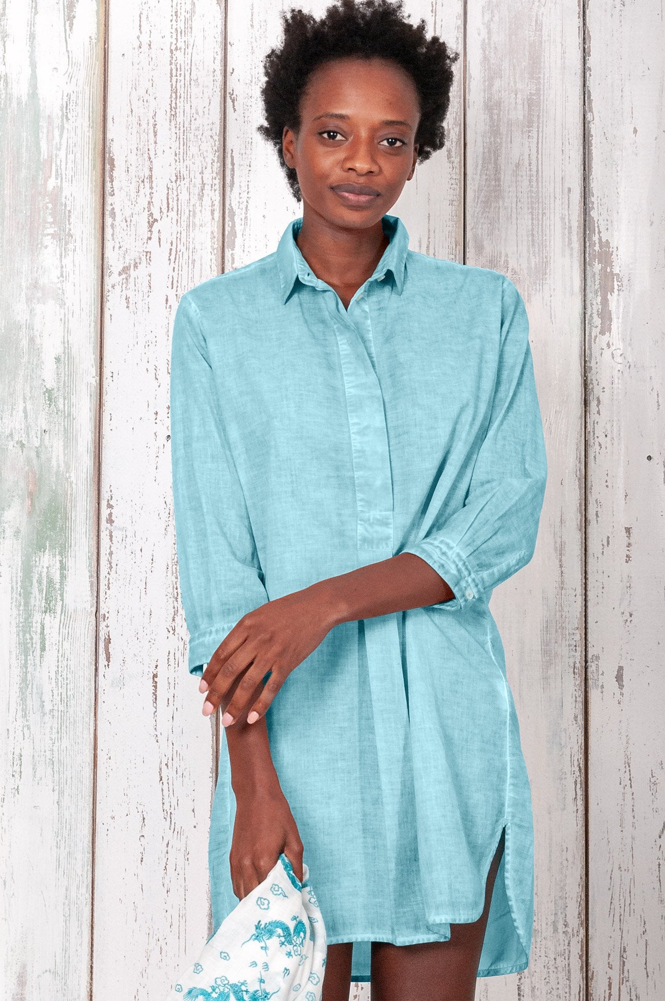 linen shirt dress mini Aqua Blue Mini Shirtdress in Cotton Voile