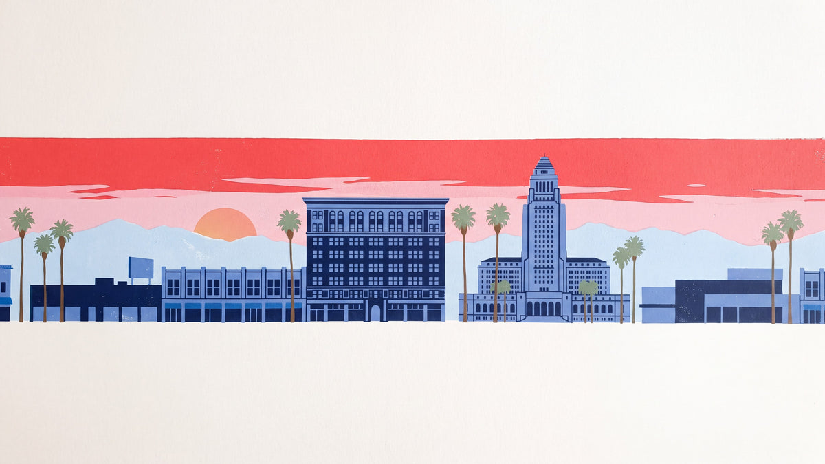 Screen-print style illustration of downtown Los Angeles under a red and rose sky, with fan palms, the City Hall tower and distant mountains, in the garment-dyed colours of the Ploumanac'h SS27 collection