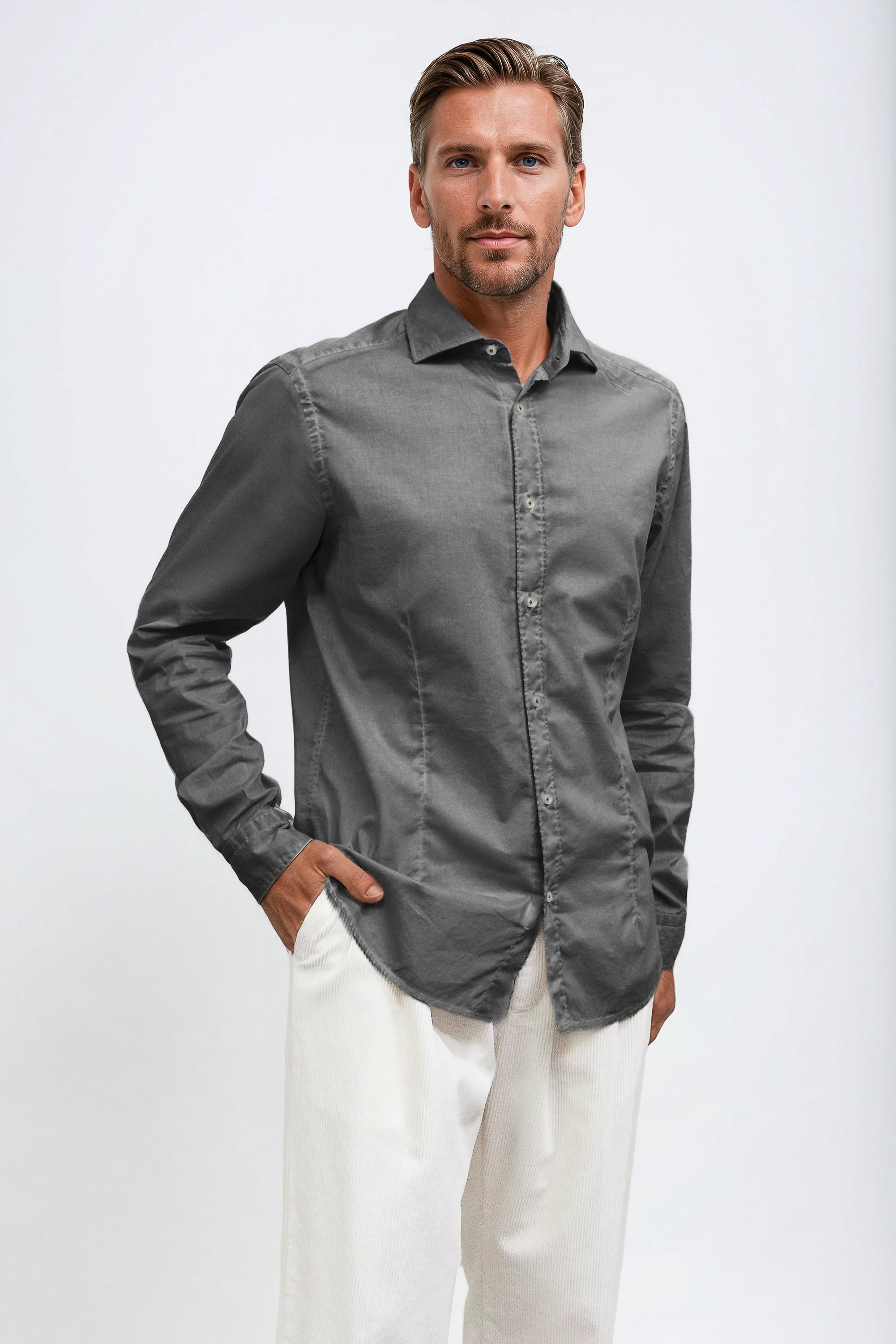 Camicia Popeline Collo Francese - Pietra